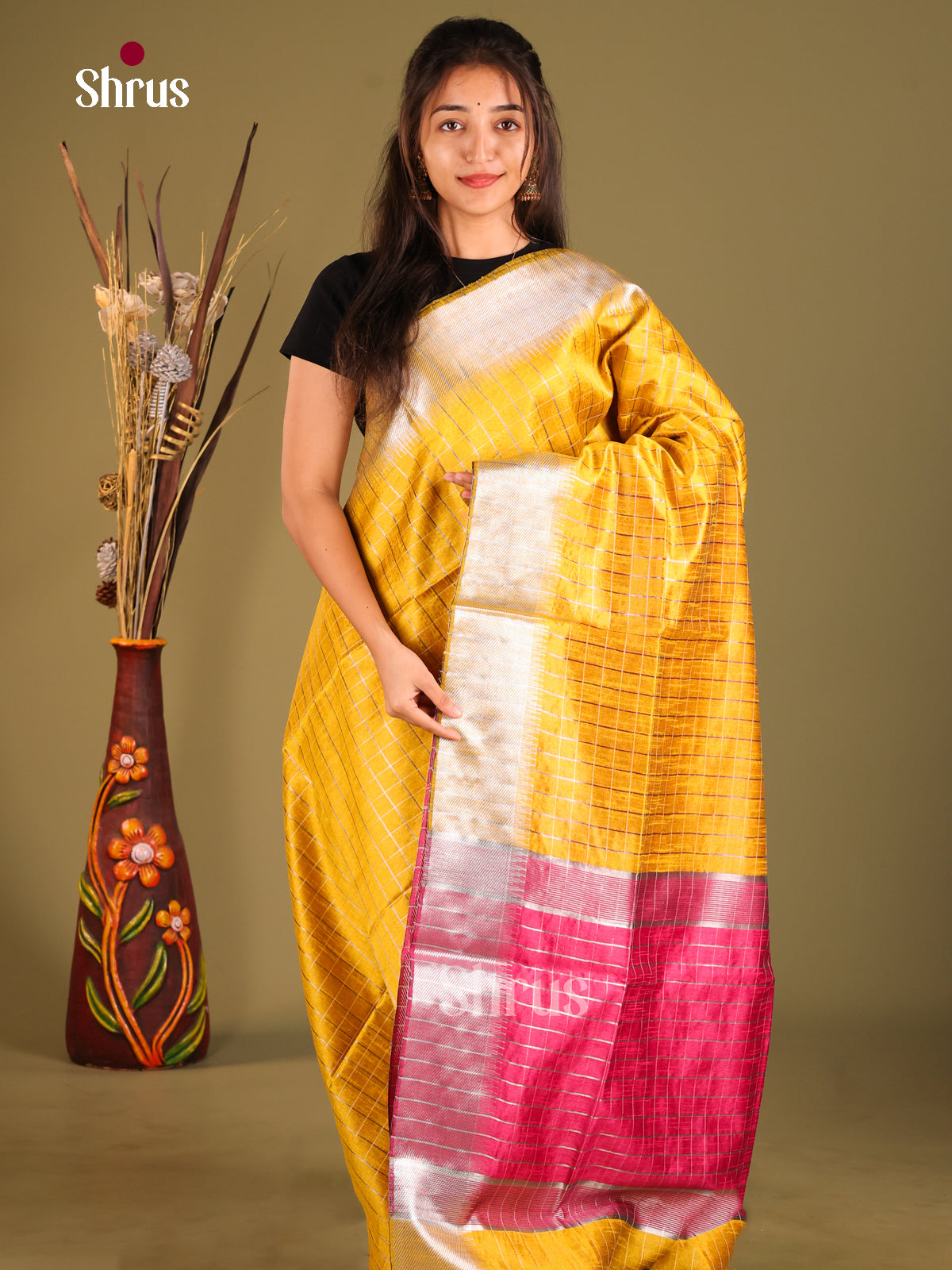 Yellow & Maroon - Semi Rawsilk Saree - Shop on Shrus.com