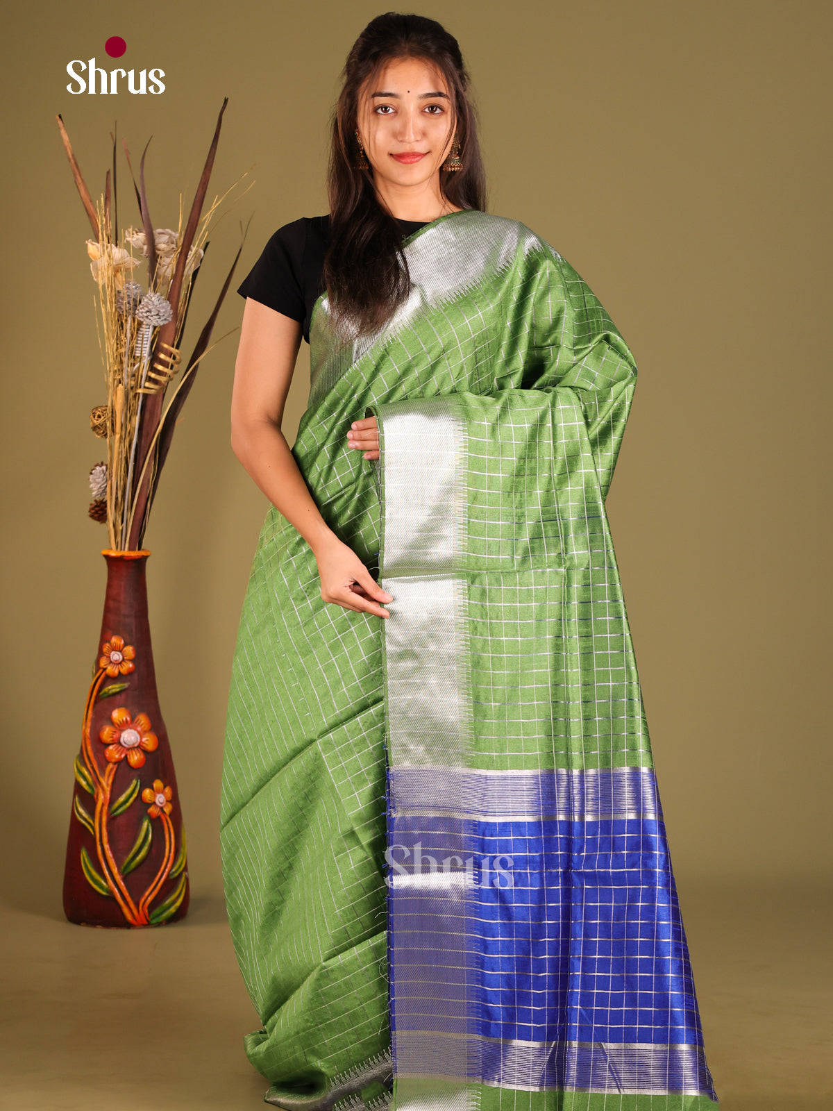 Green & Blue - Semi Rawsilk Saree - Shop on Shrus.com