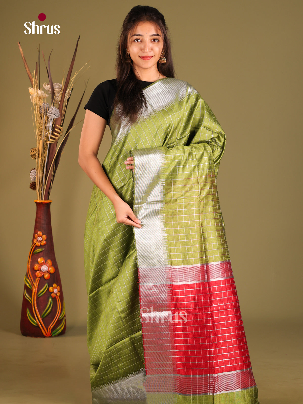 Green & Red- Semi Rawsilk Saree - Shop on Shrus.com