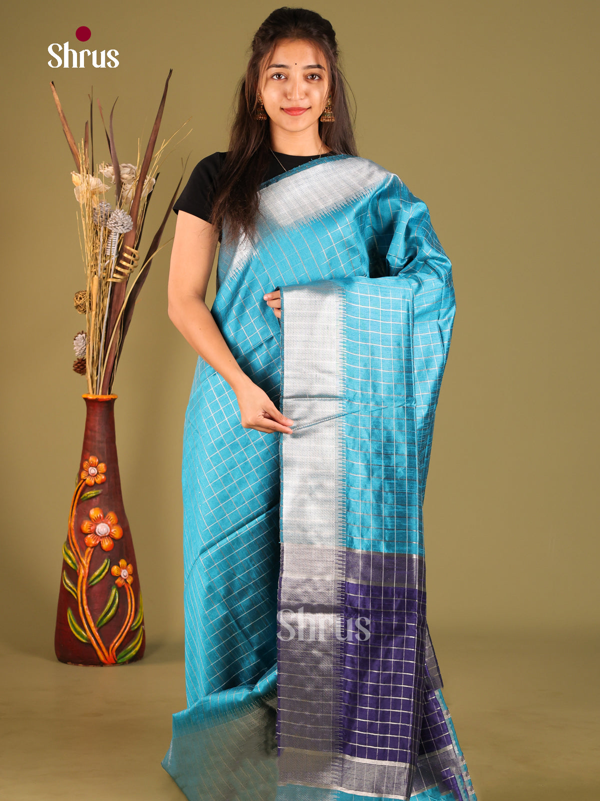 Light Blue & Blue- Semi Rawsilk Saree - Shop on Shrus.com