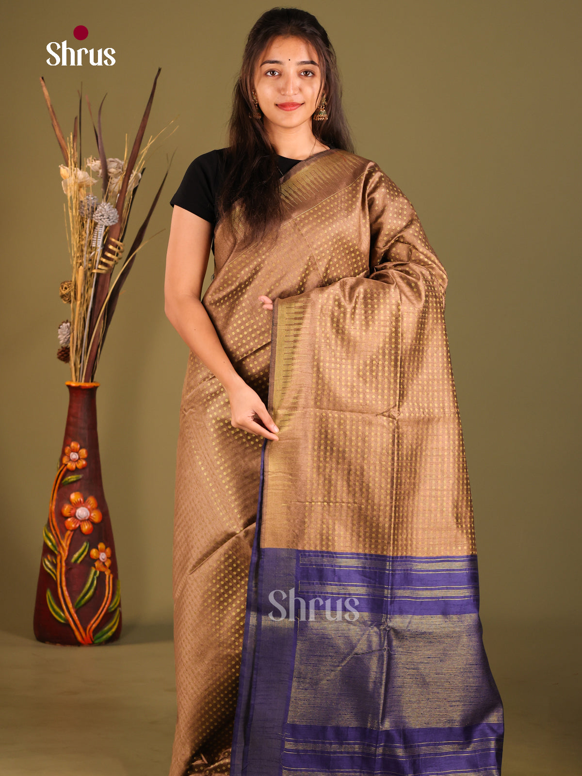 Brown & Blue- Semi Rawsilk Saree
