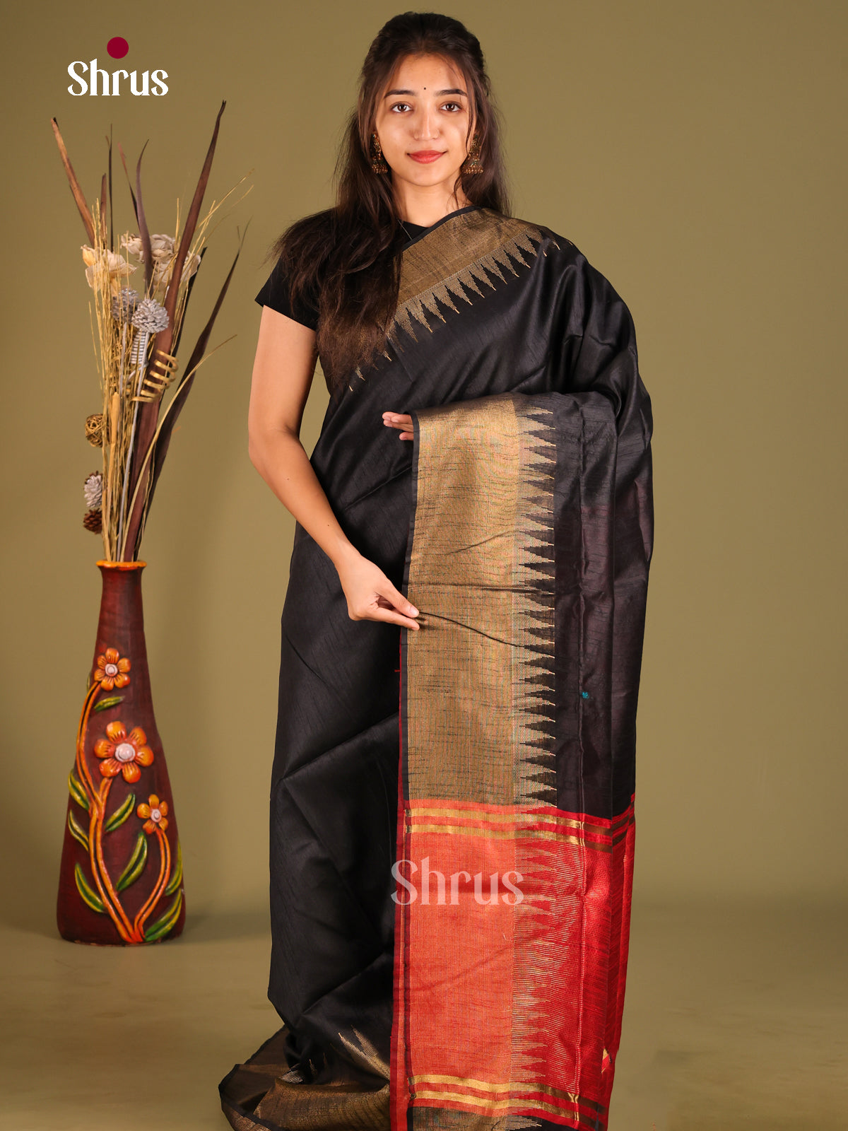 Black & Red - Semi Rawsilk Saree