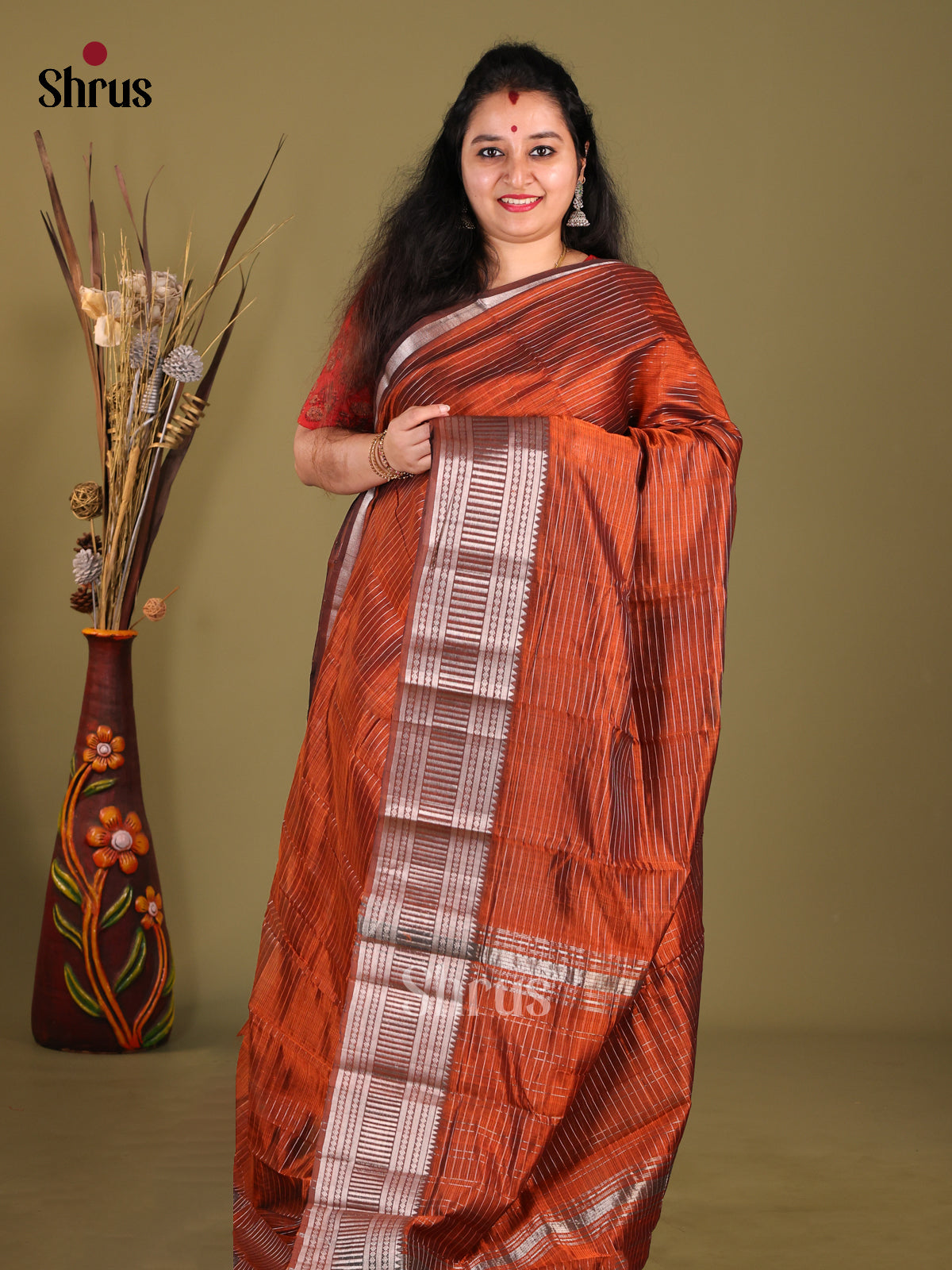 Rust(Single Tone)- Mangalagiri silkcotton Saree - Shop on Shrus.com