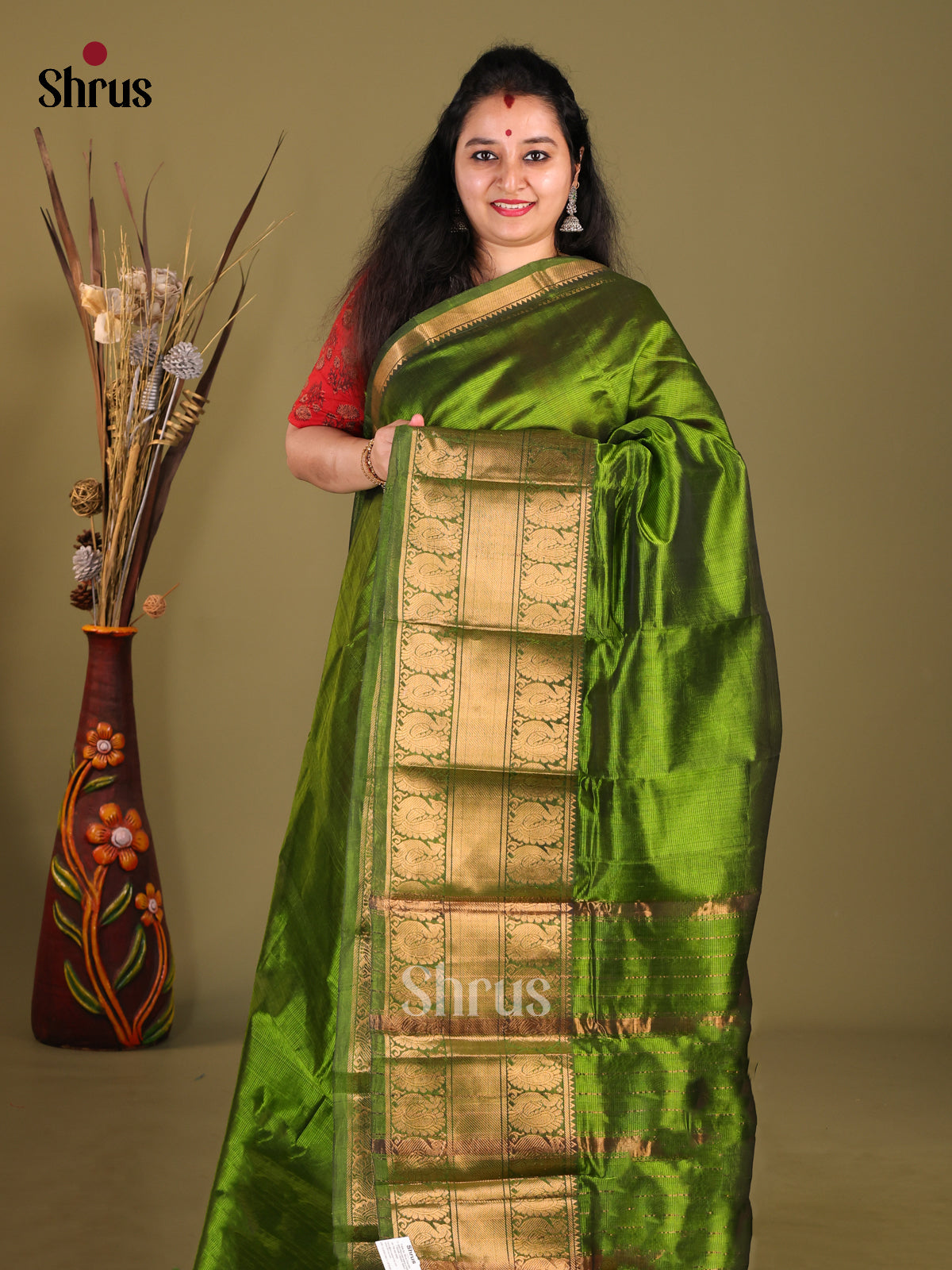 Green(Single Tone) - Mangalagiri silkcotton Saree - Shop on Shrus.com