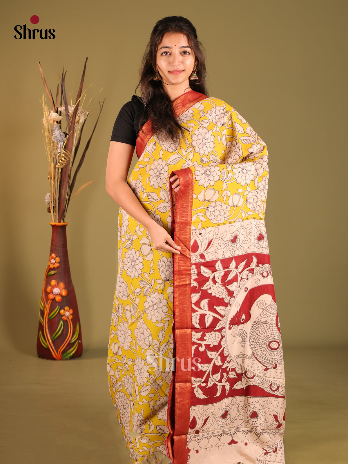 Yellow & Red - chennur-kalamkari Saree