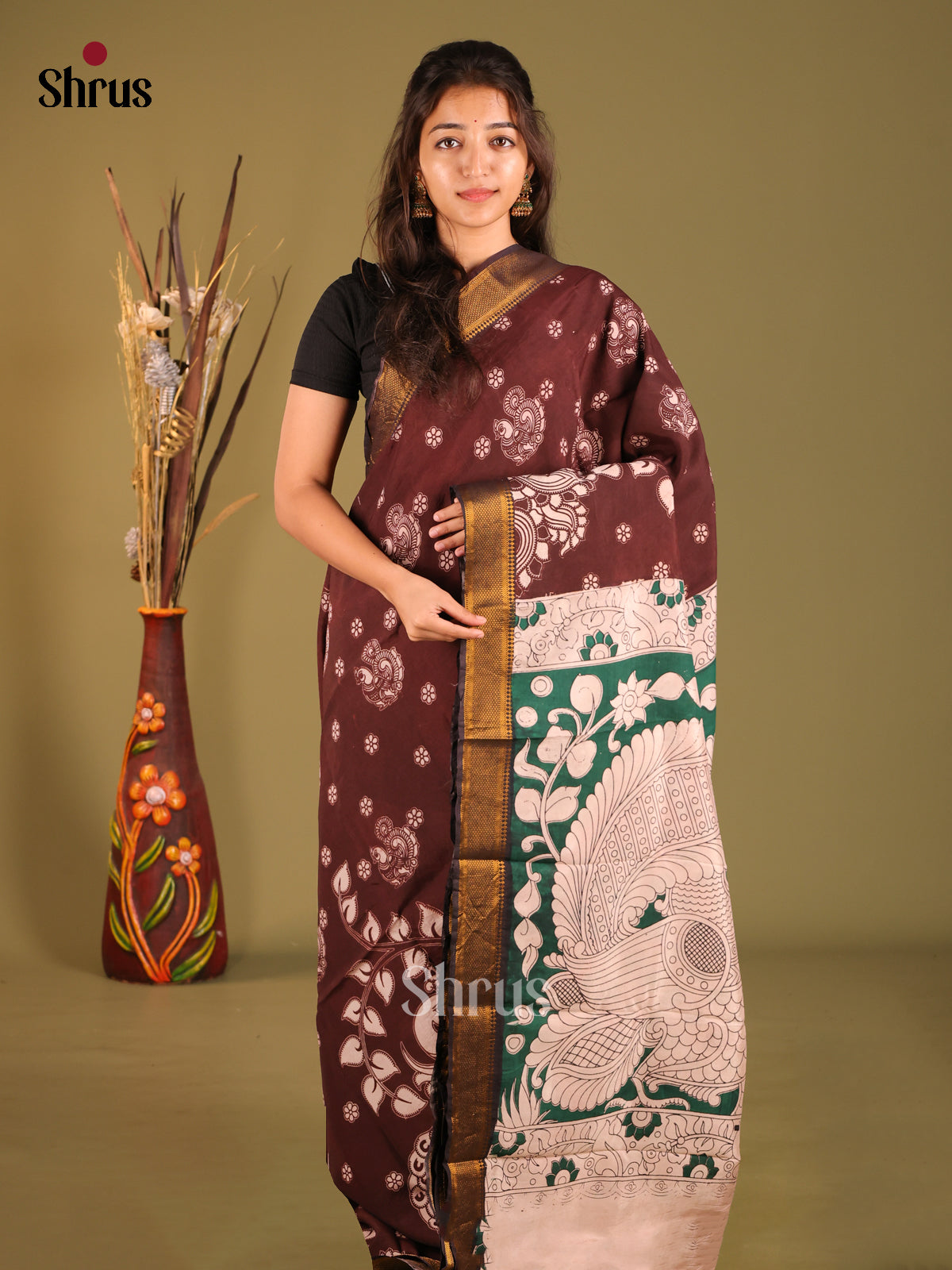 Brown & Green - chennur-kalamkari Saree