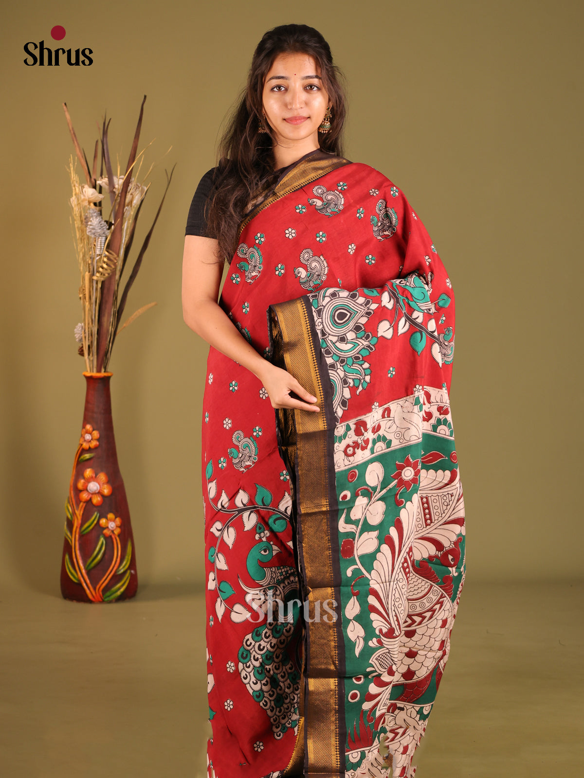 Red & Green - chennur-kalamkari Saree