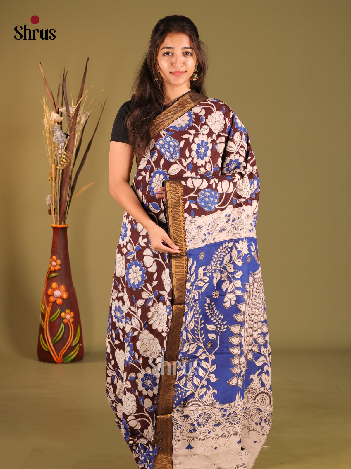 Brown & Blue - chennur-kalamkari Saree