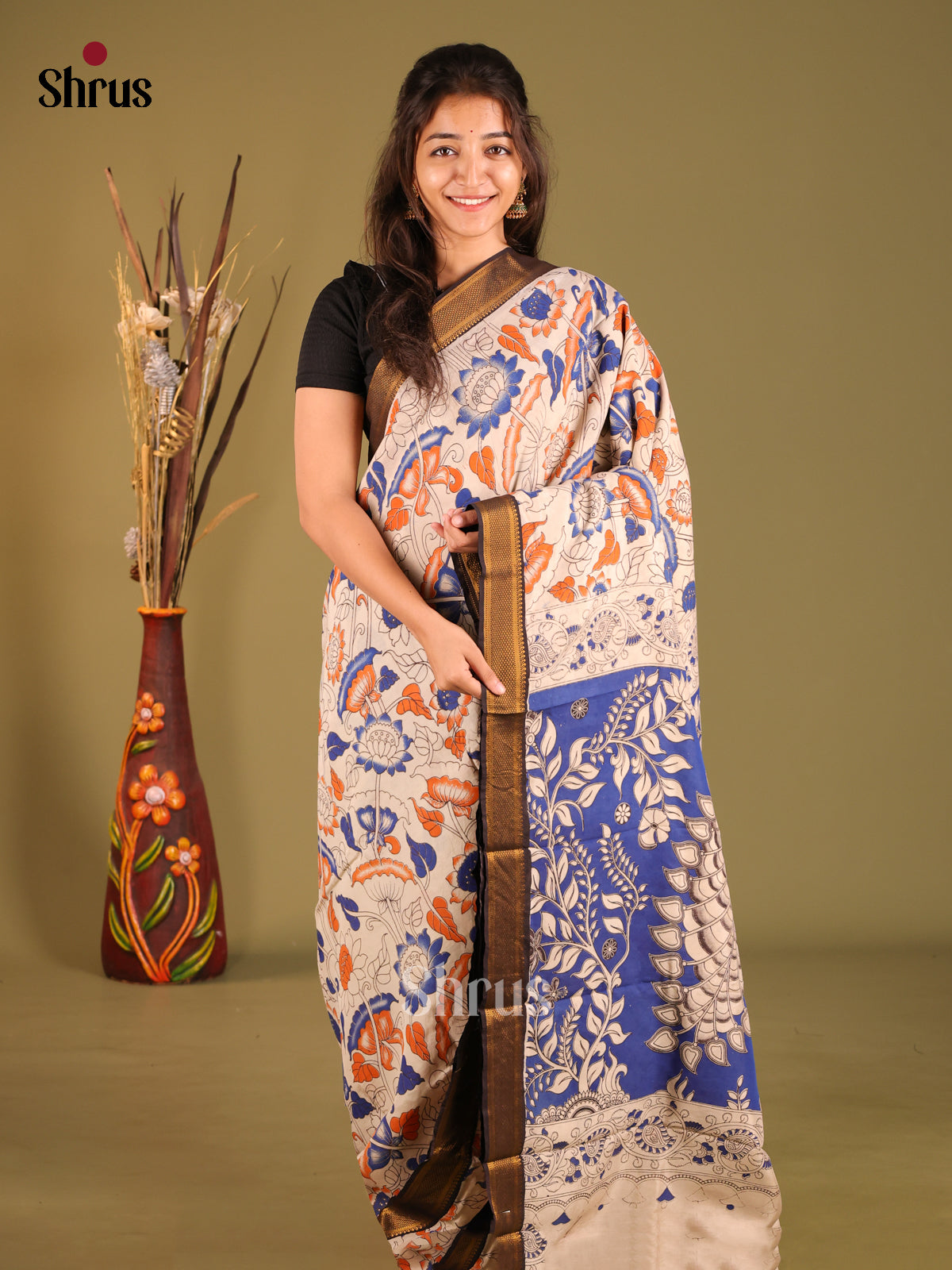 Cream & Blue- chennur-kalamkari Saree