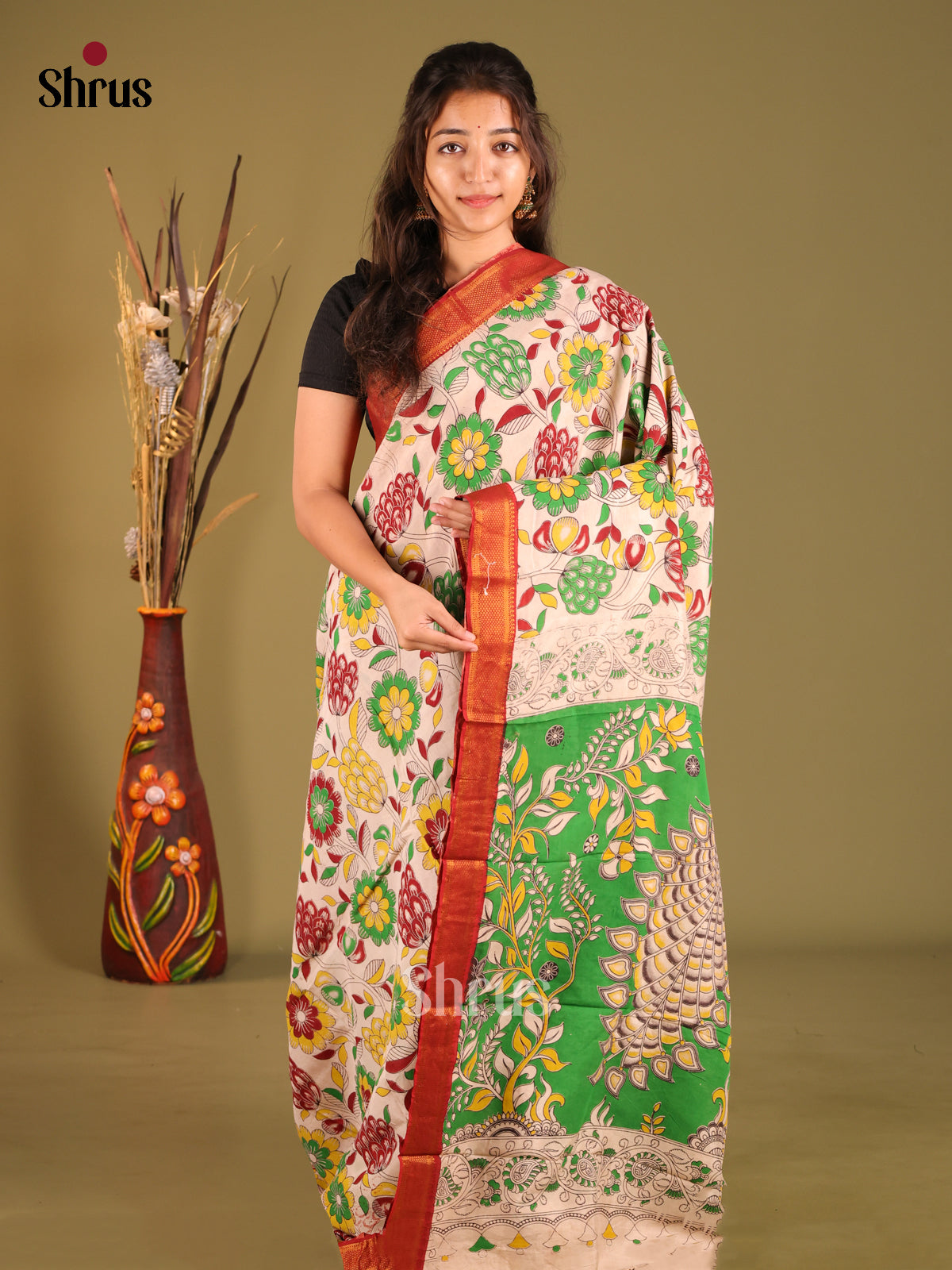 Cream & Green - chennur-kalamkari Saree