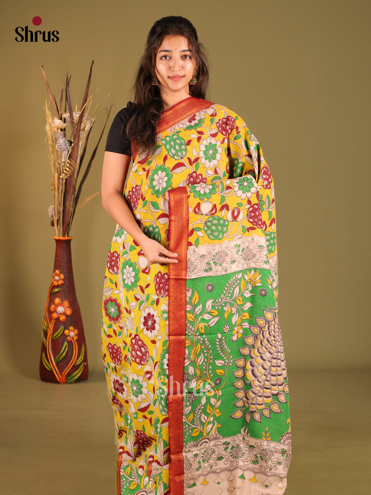 Yellow & Green- chennur-kalamkari Saree