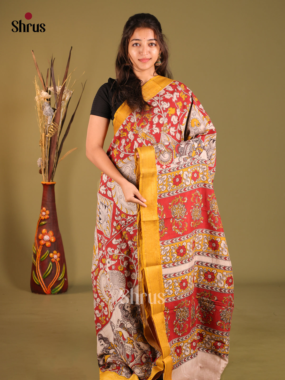 Red & Yellow - chennur-kalamkari Saree - Shop on Shrus.com
