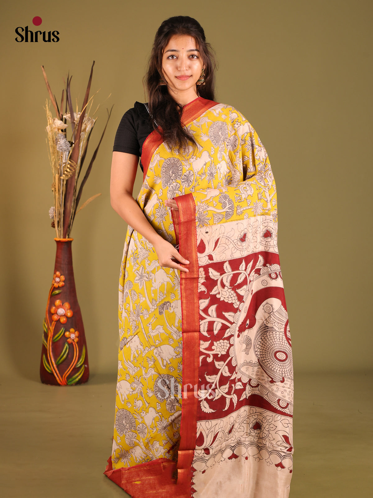 Yellow & Red - chennur-kalamkari Saree - Shop on Shrus.com