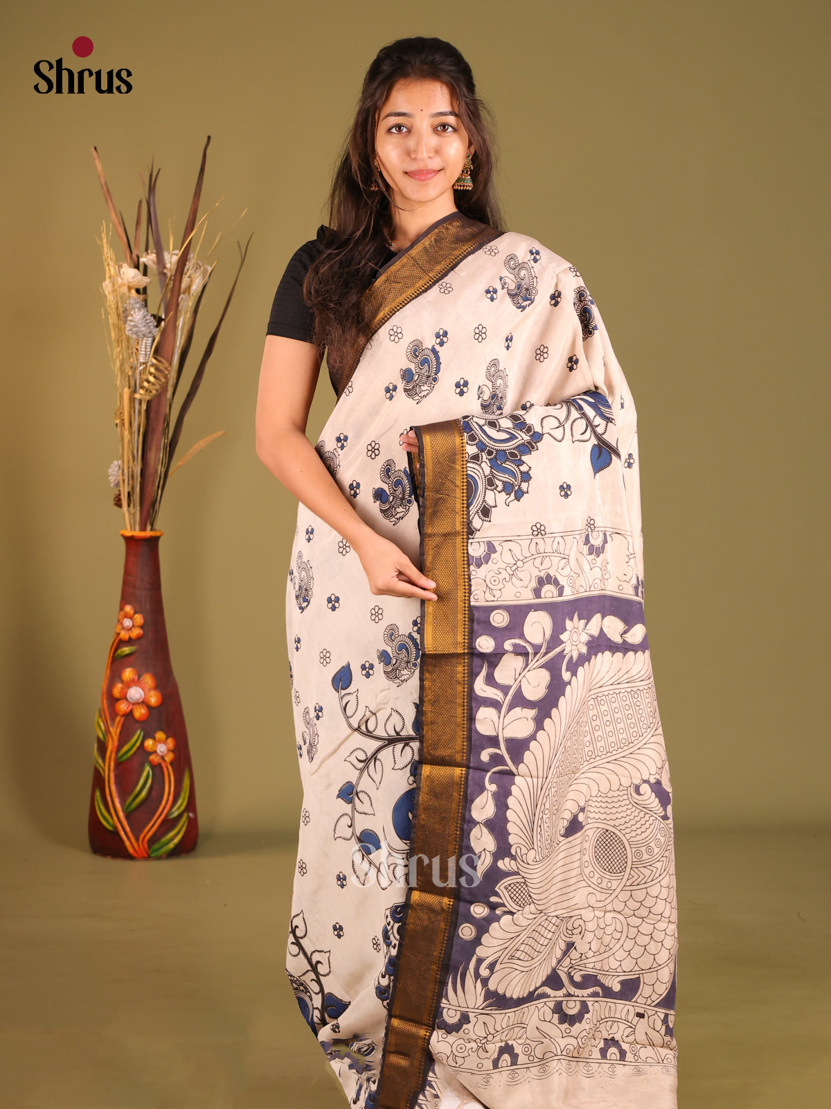 Cream & Purple - chennur-kalamkari Saree
