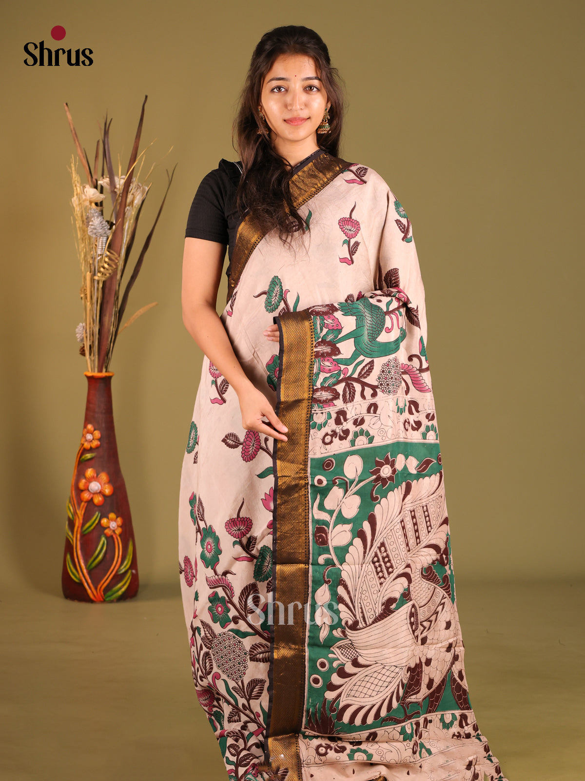 Cream & Green - chennur-kalamkari Saree