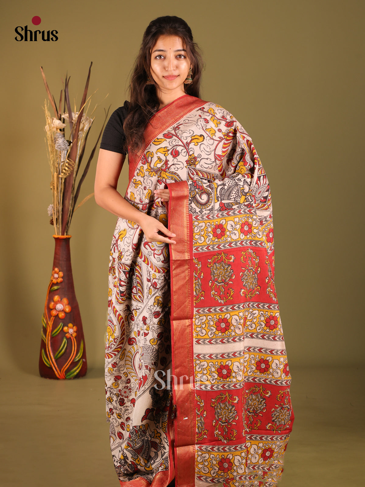 Cream & Red- chennur-kalamkari Saree