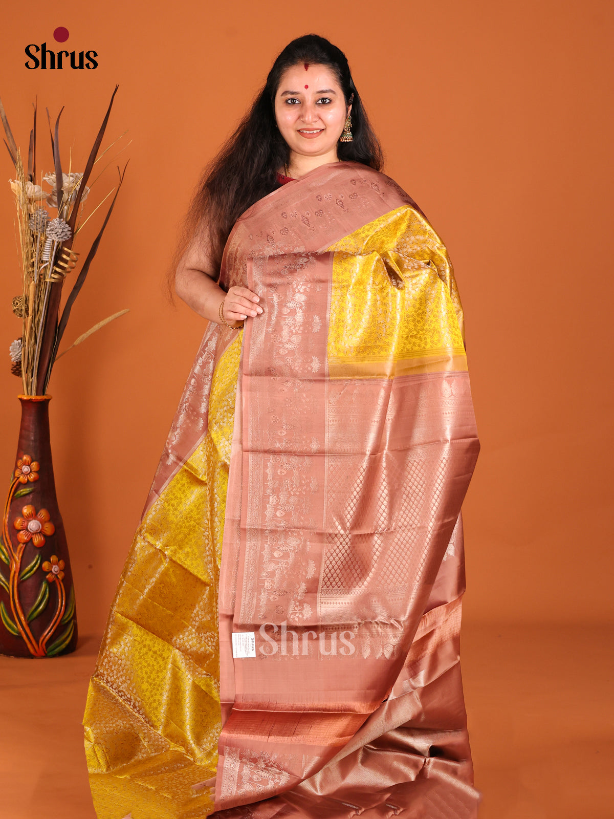 Mustard & Brown Kanchipuram silk Saree with zari floral nestling brocade - Shop on Shrus.com