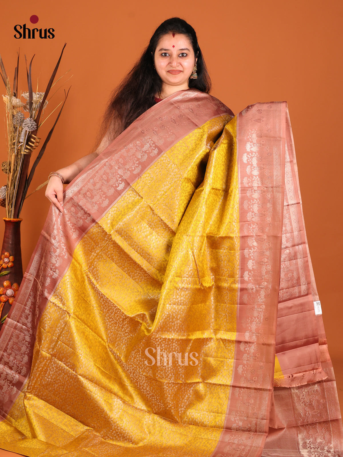 Mustard & Brown Kanchipuram silk Saree with zari floral nestling brocade - Shop on Shrus.com