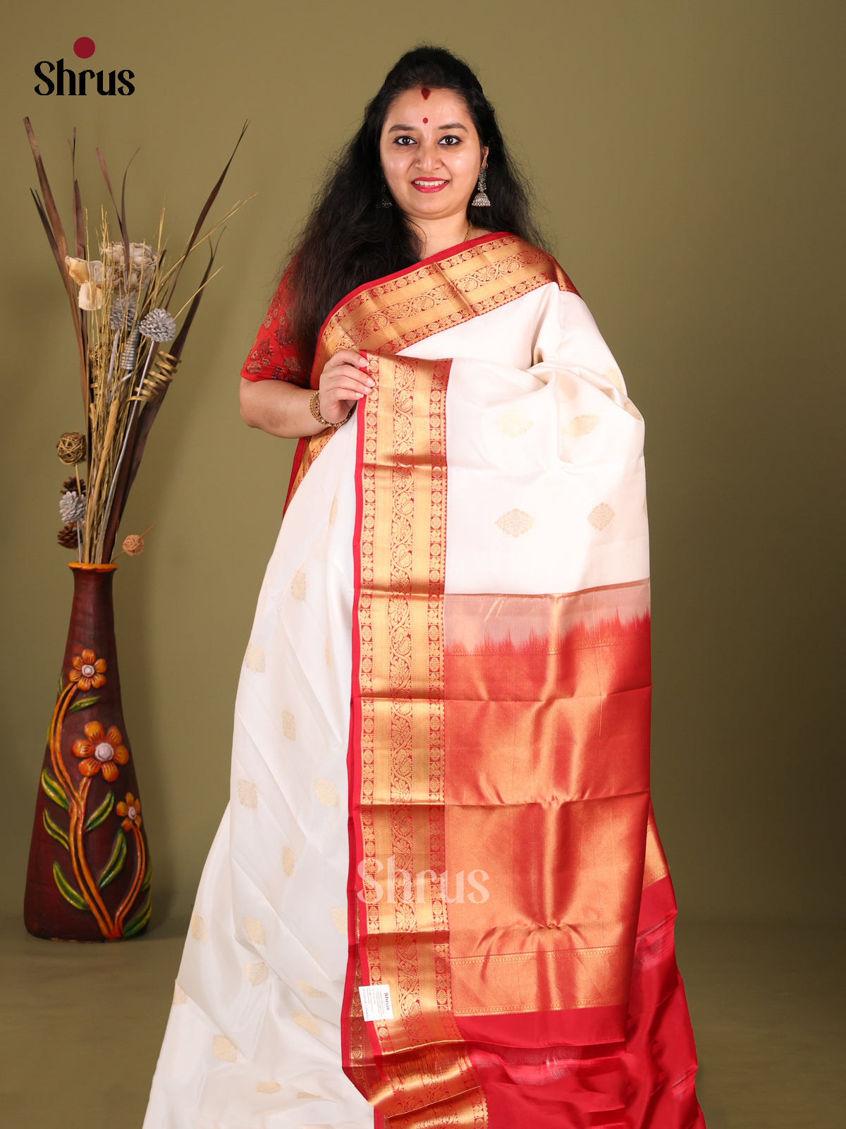 white red zari Kanchipuram-halfpure