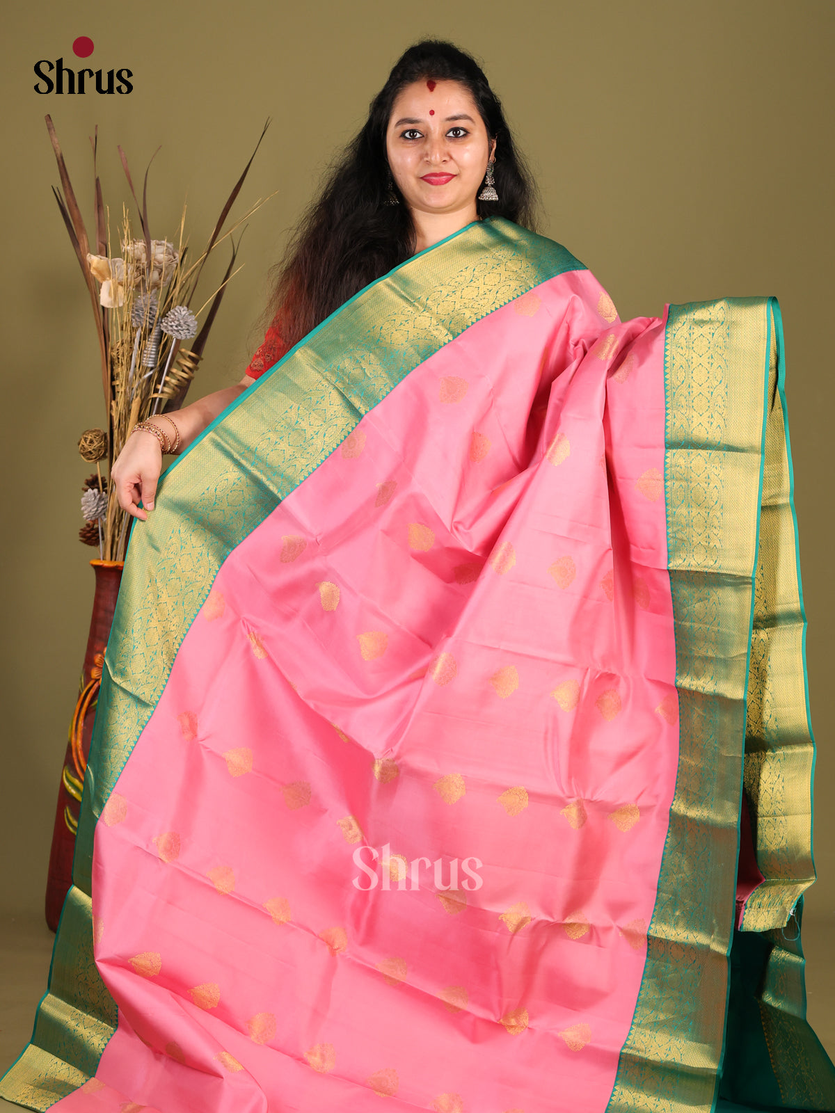 pink and blue Kanchipuram halfpure -1