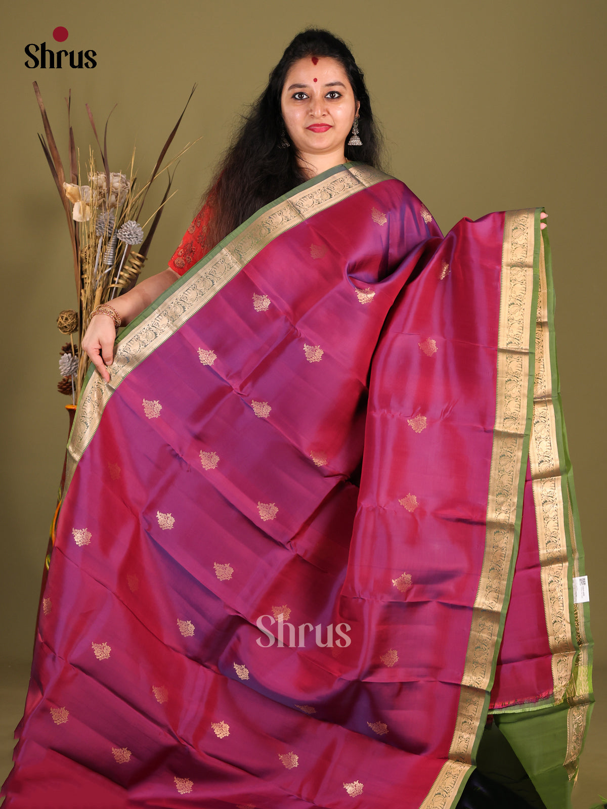 Maroon and green Kanchipuram halfpure -1