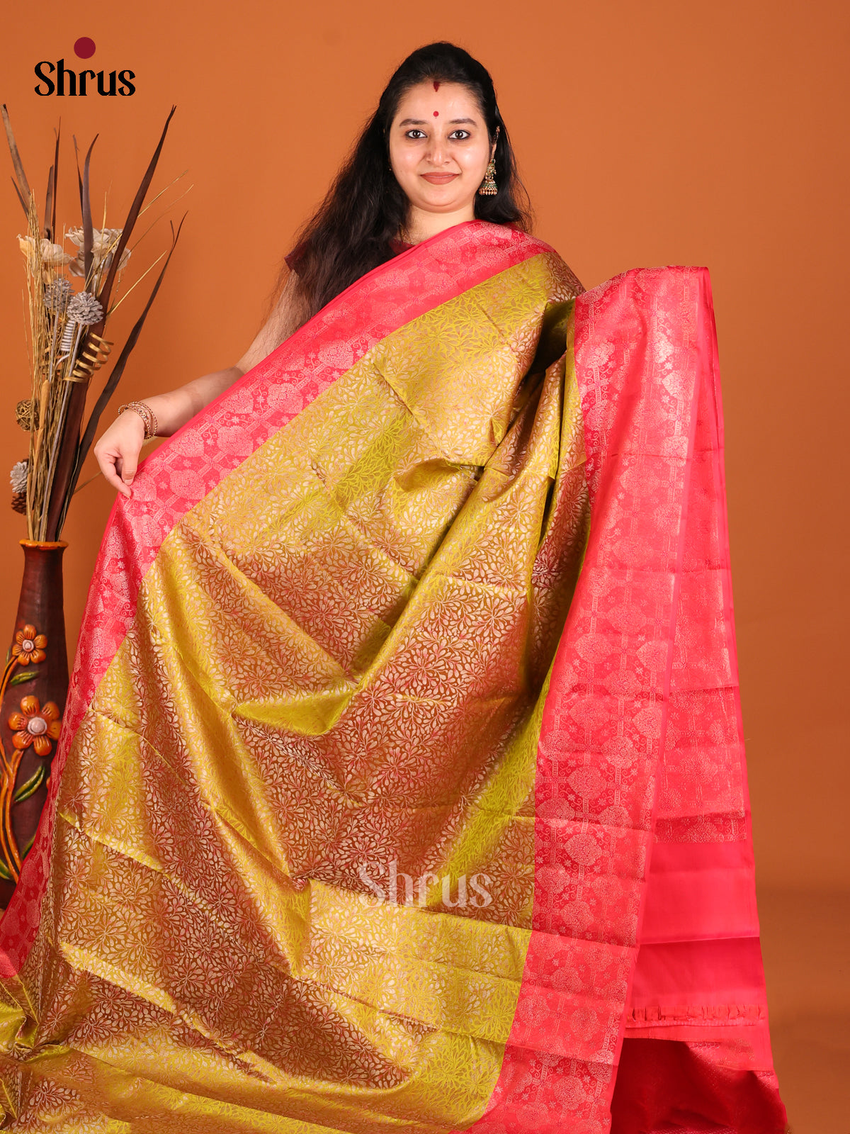 Mustard yellow and red Kanchipuram silk -1
