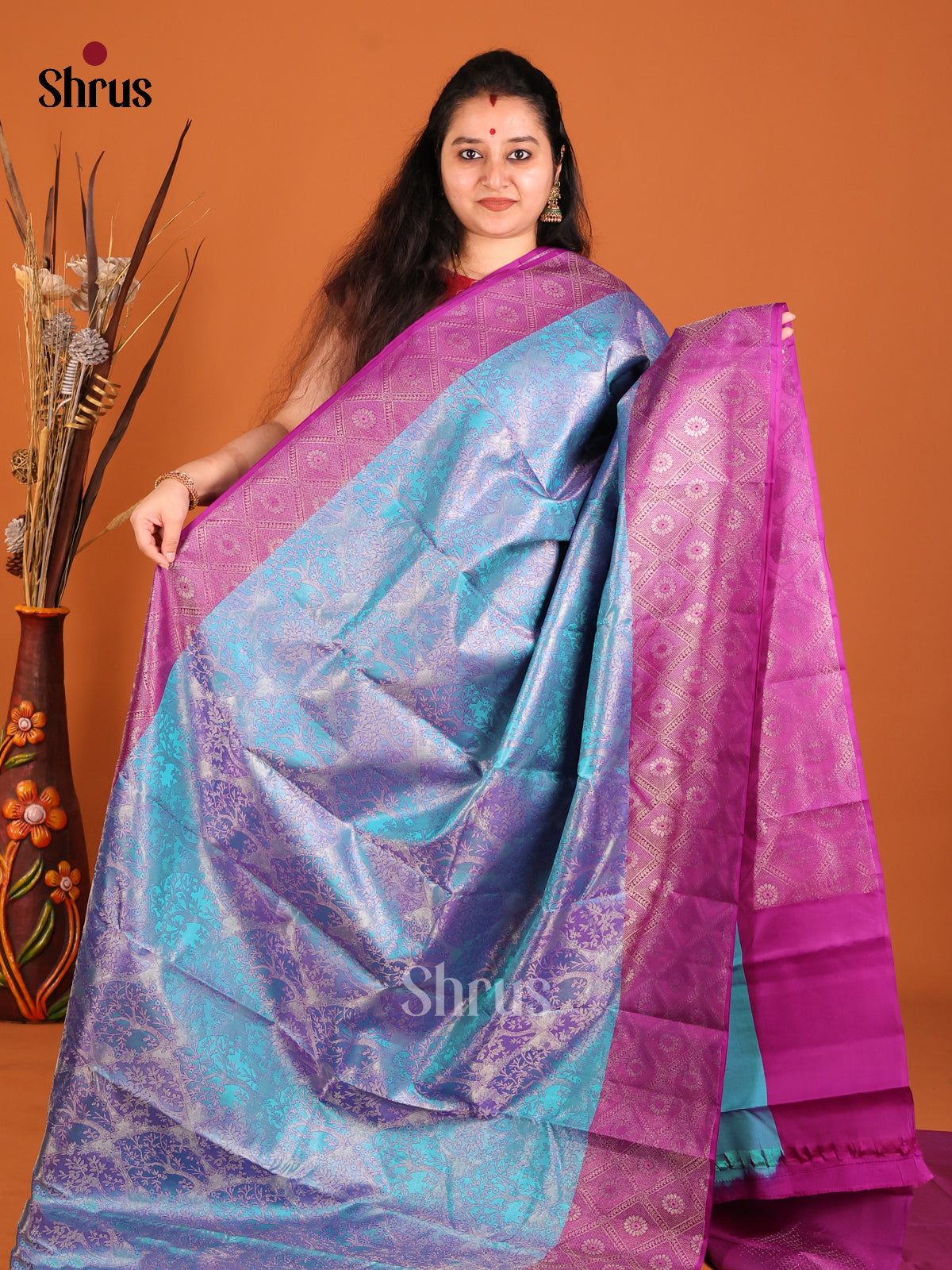 pink and blue with zari Kanchipuram silk -1