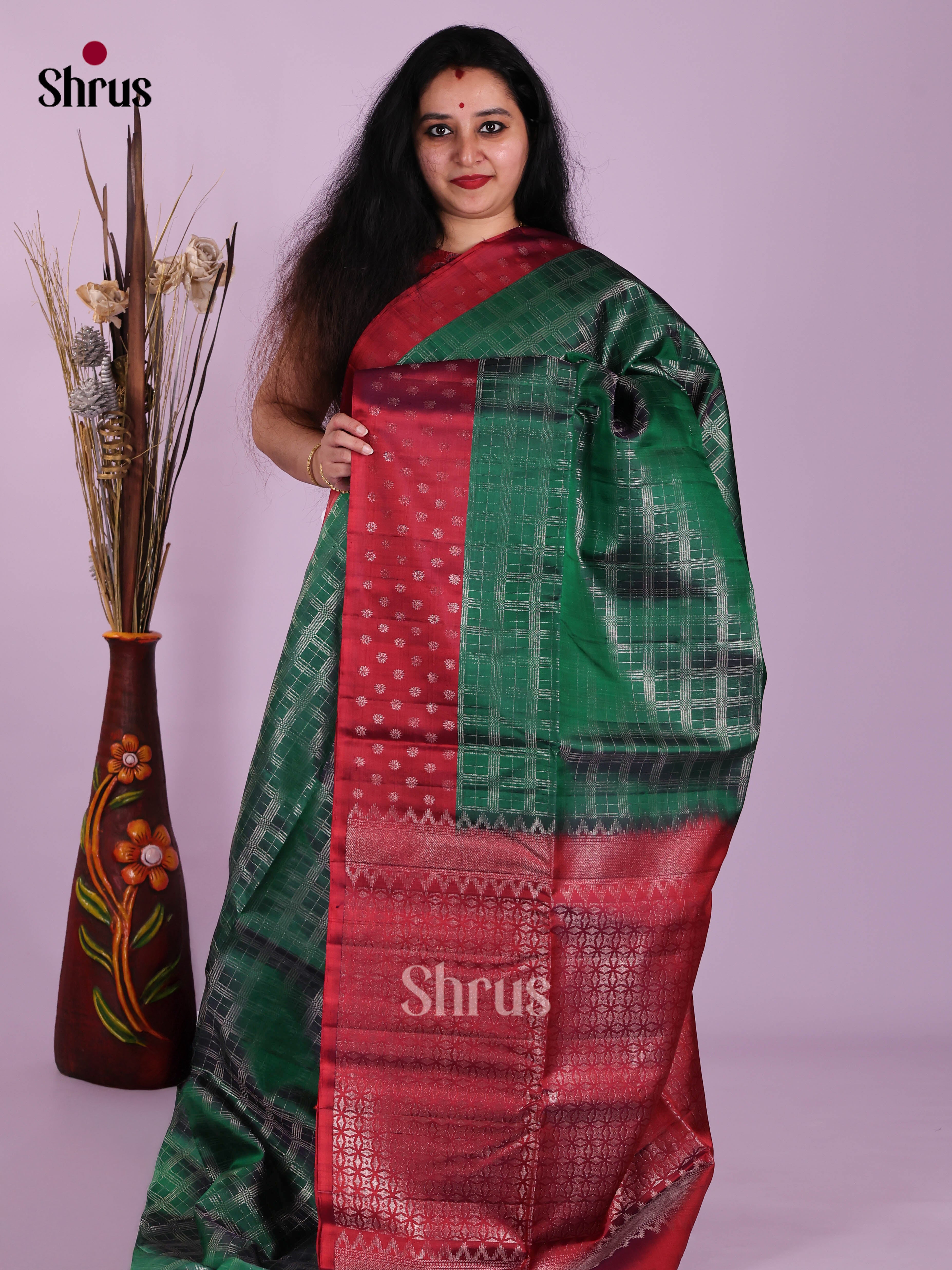 Classic Green Soft Silk Saree with silver Zari Checks & Maroon brocade pallu