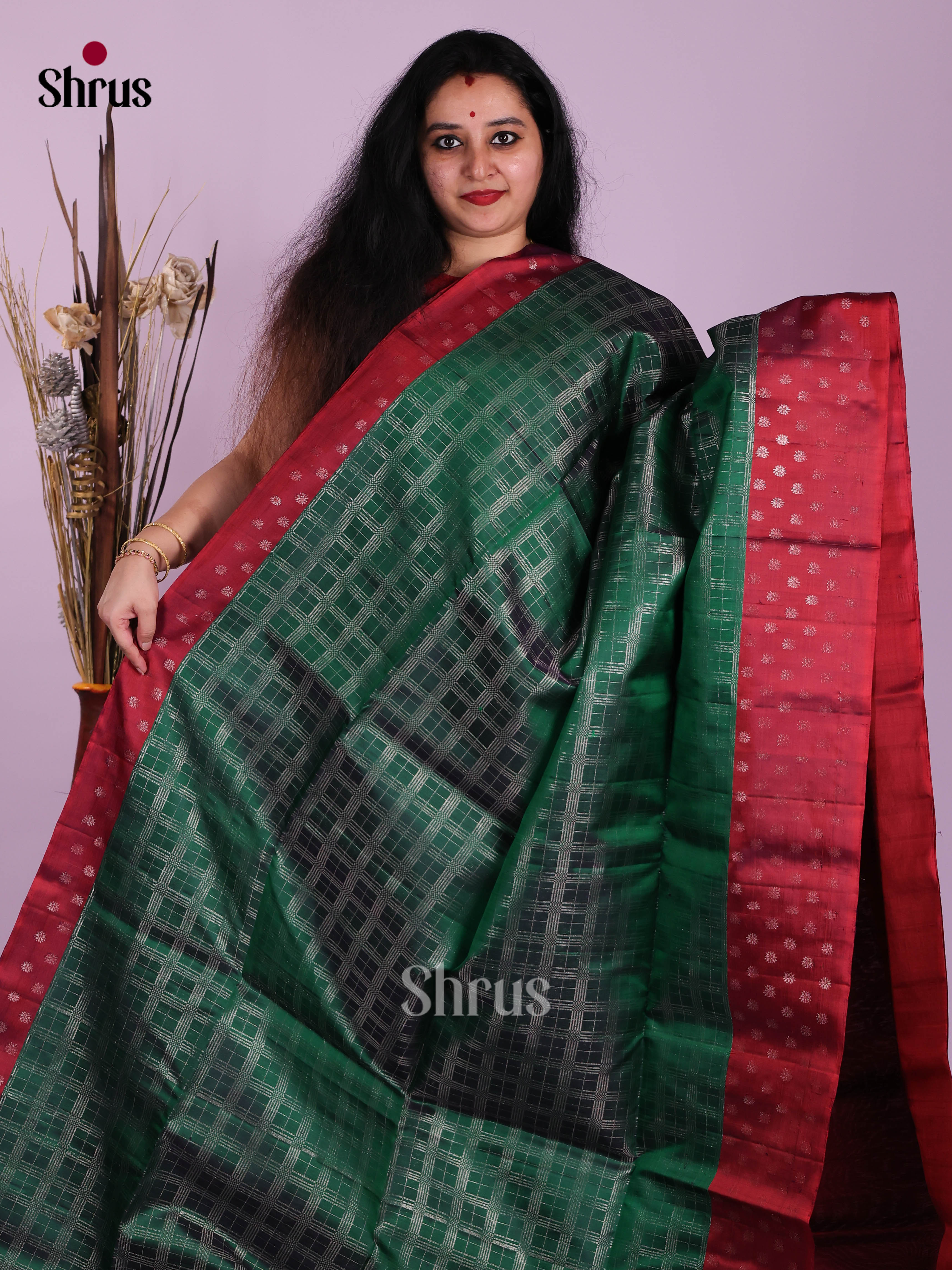 Classic Green Soft Silk Saree with silver Zari Checks & Maroon brocade pallu