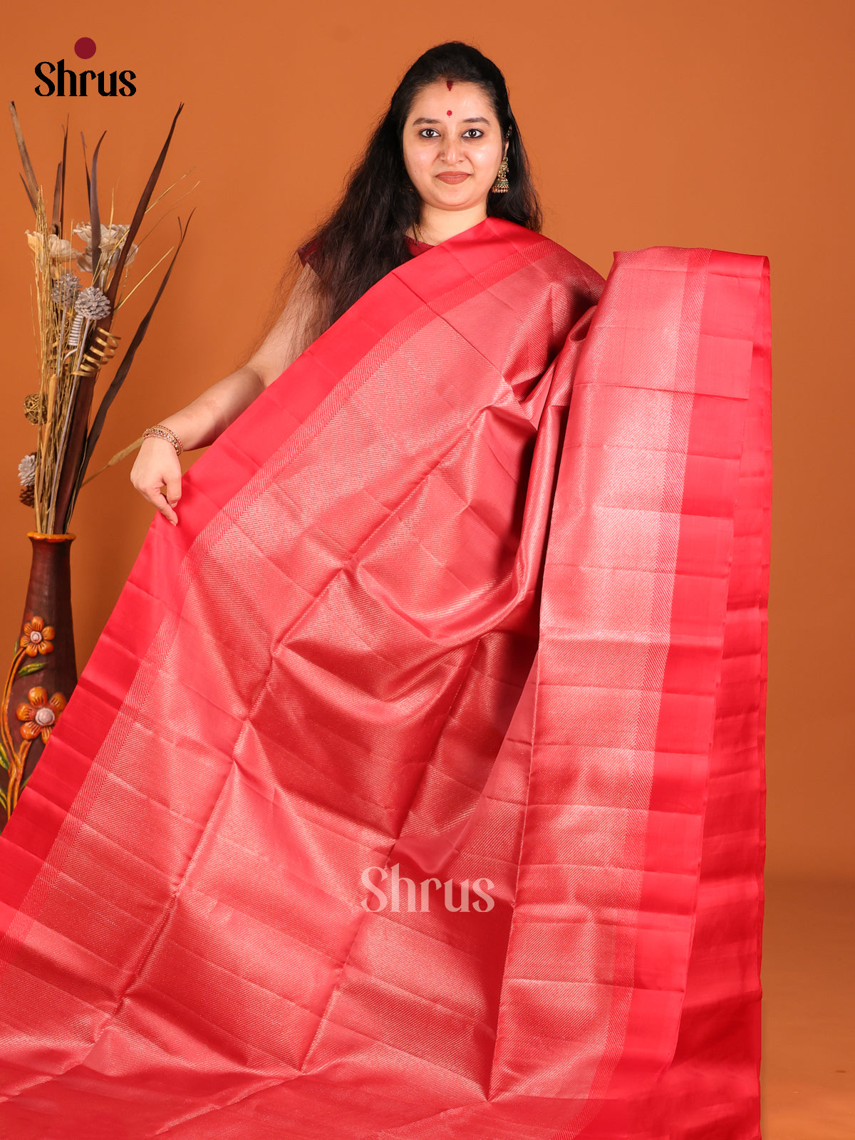 Stunning Red Soft Silk Saree with zari stripes brocade Pattern -1