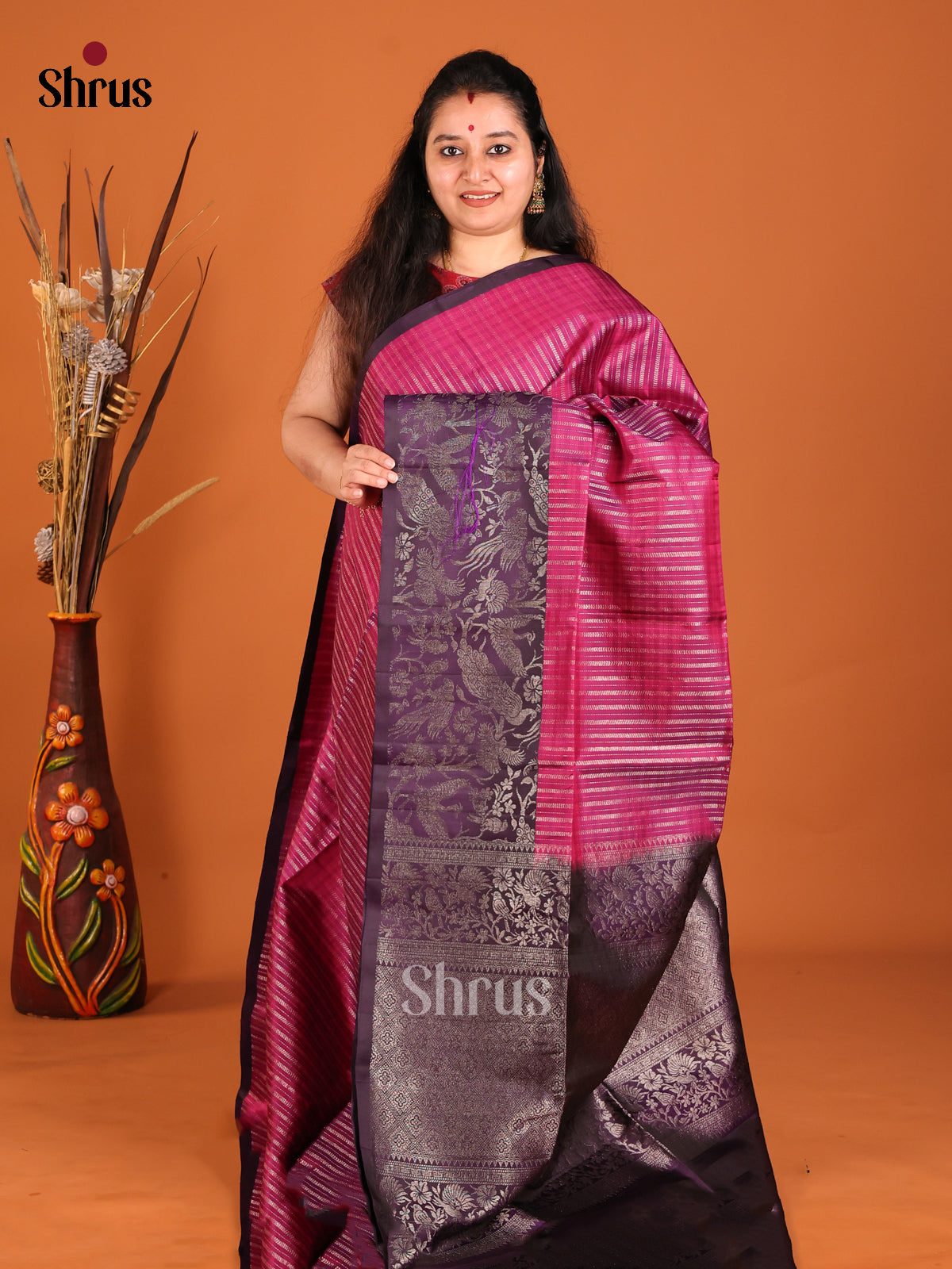 Timeless Maroon Soft Silk saree with Zari Woven Stripes & Violet border