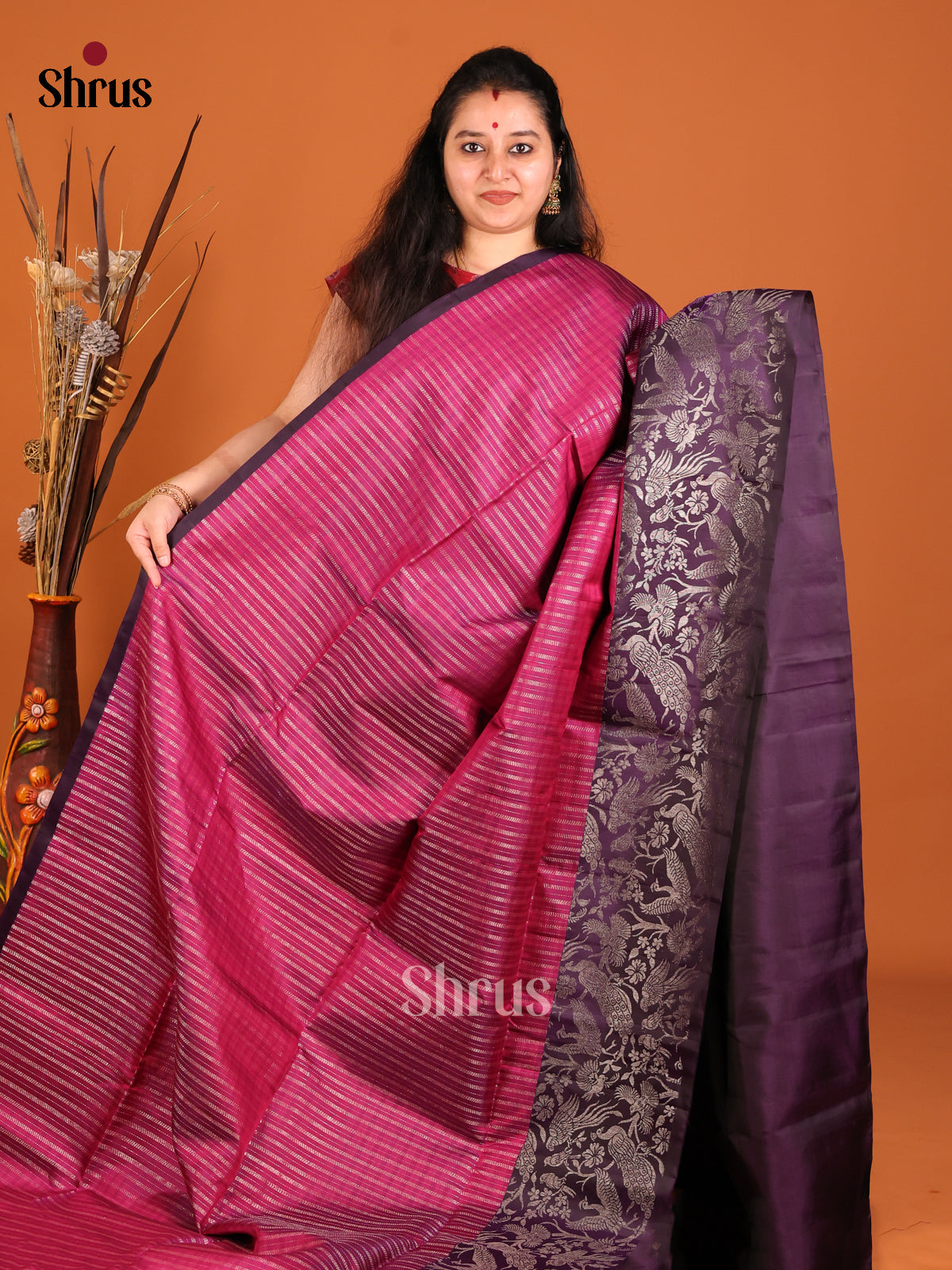 Timeless Maroon Soft Silk saree with Zari Woven Stripes & Violet border
