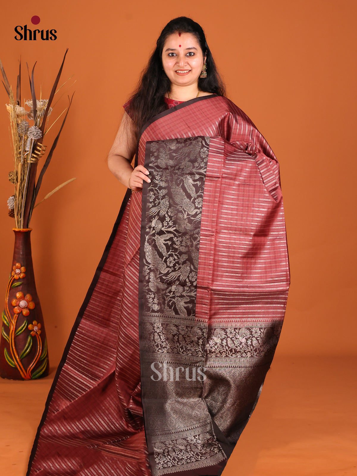 Stunning Arakku Maroon Soft Silk Saree with zari stripes & Brown border With Birds Motif
