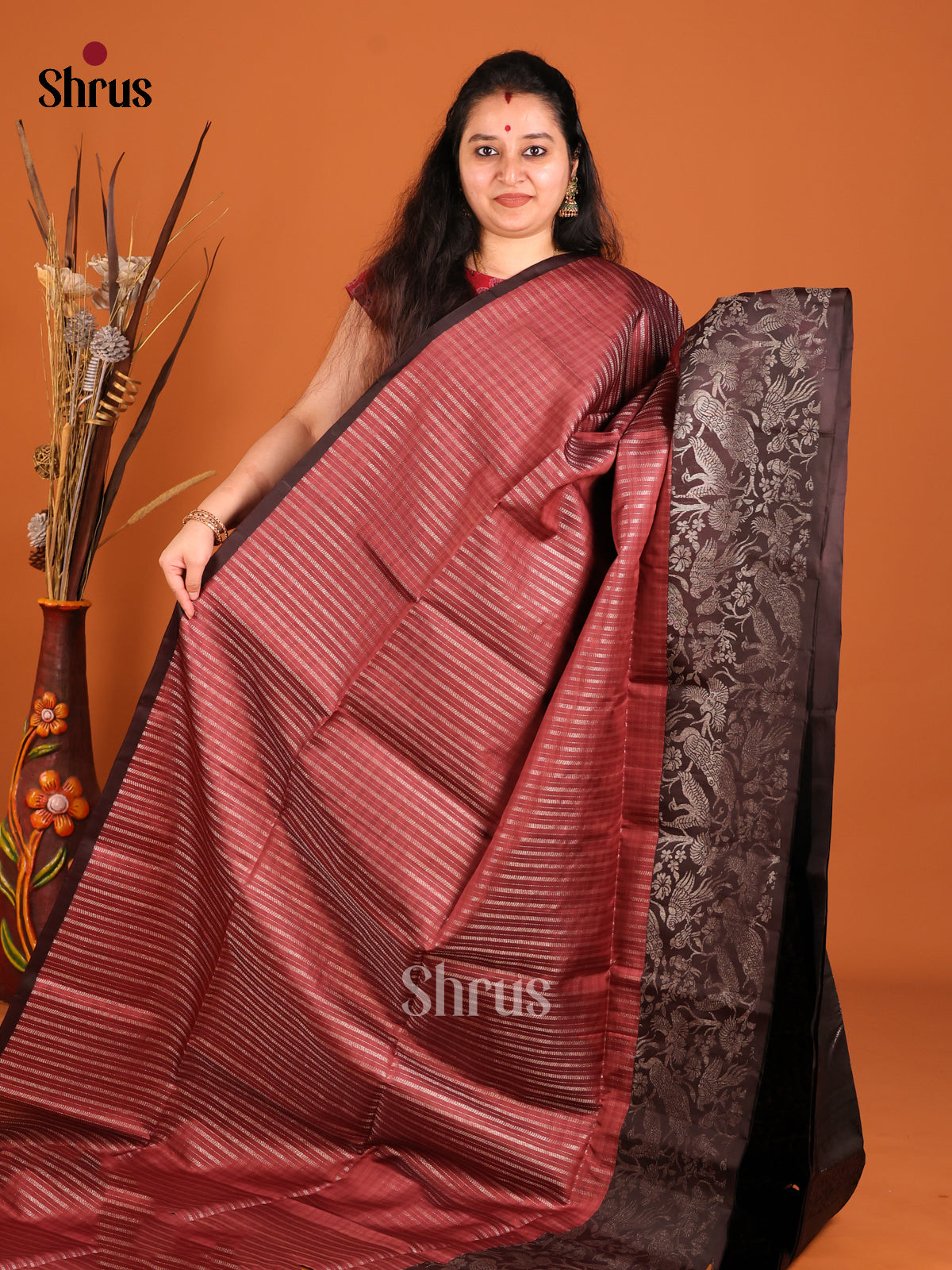 Stunning Arakku Maroon Soft Silk Saree with zari stripes & Brown border With Birds Motif