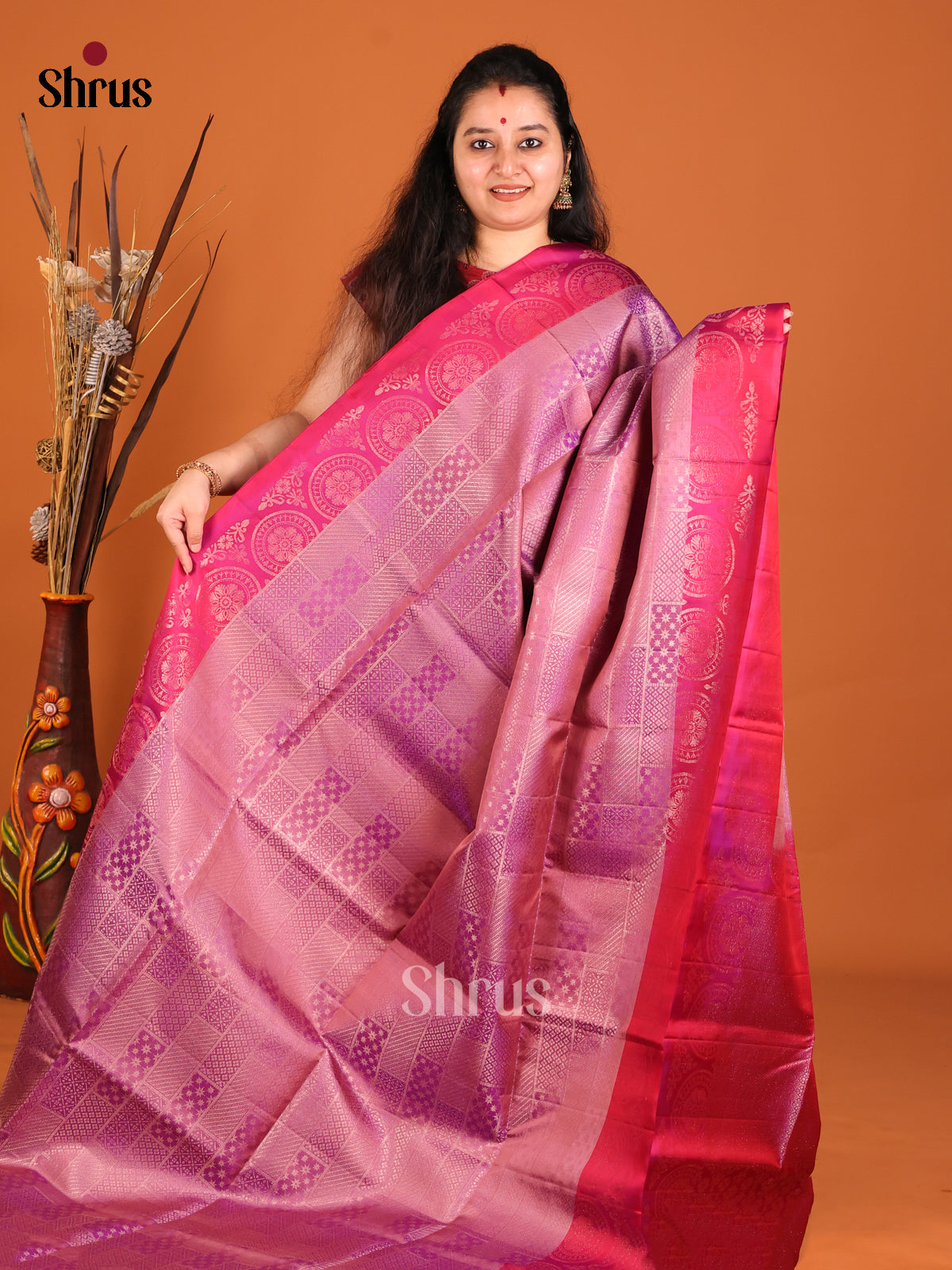 Exquisite Onion Pink Soft Silk saree with zari brocade Body & Pink Border -1