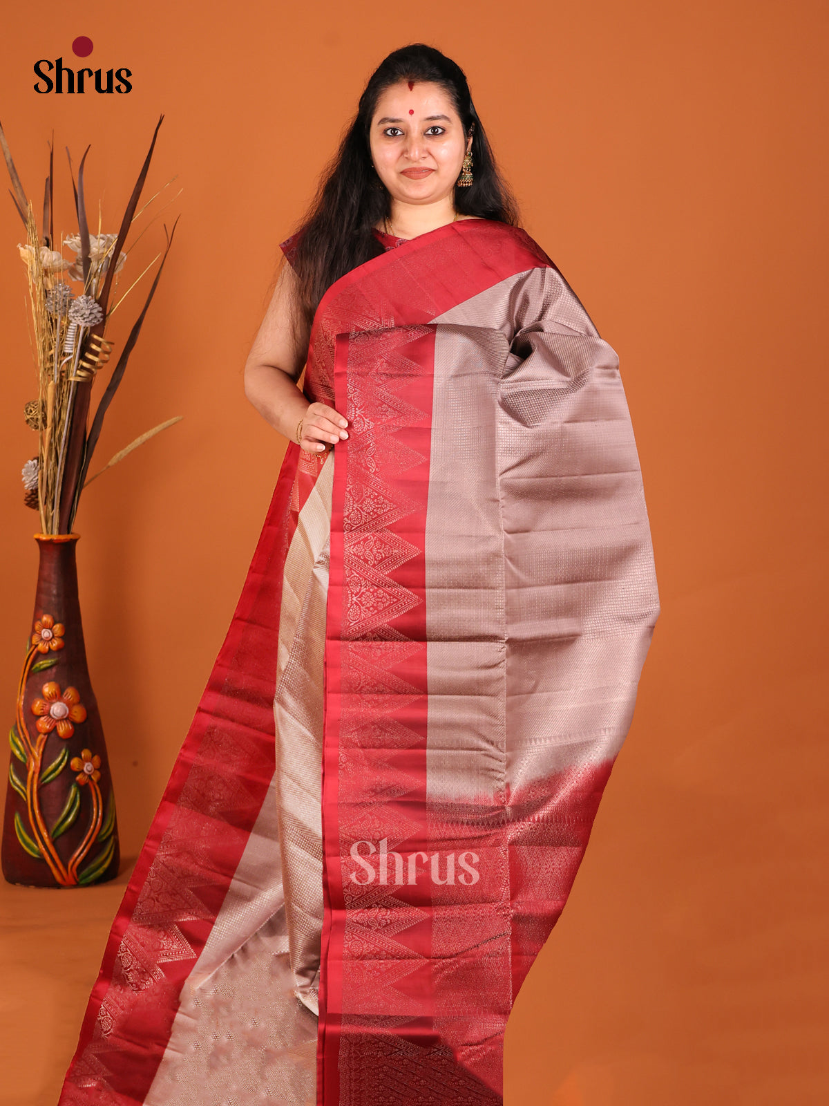 Ethreal Grey Soft Silk Saree With zari brocade Body & Maroon Border