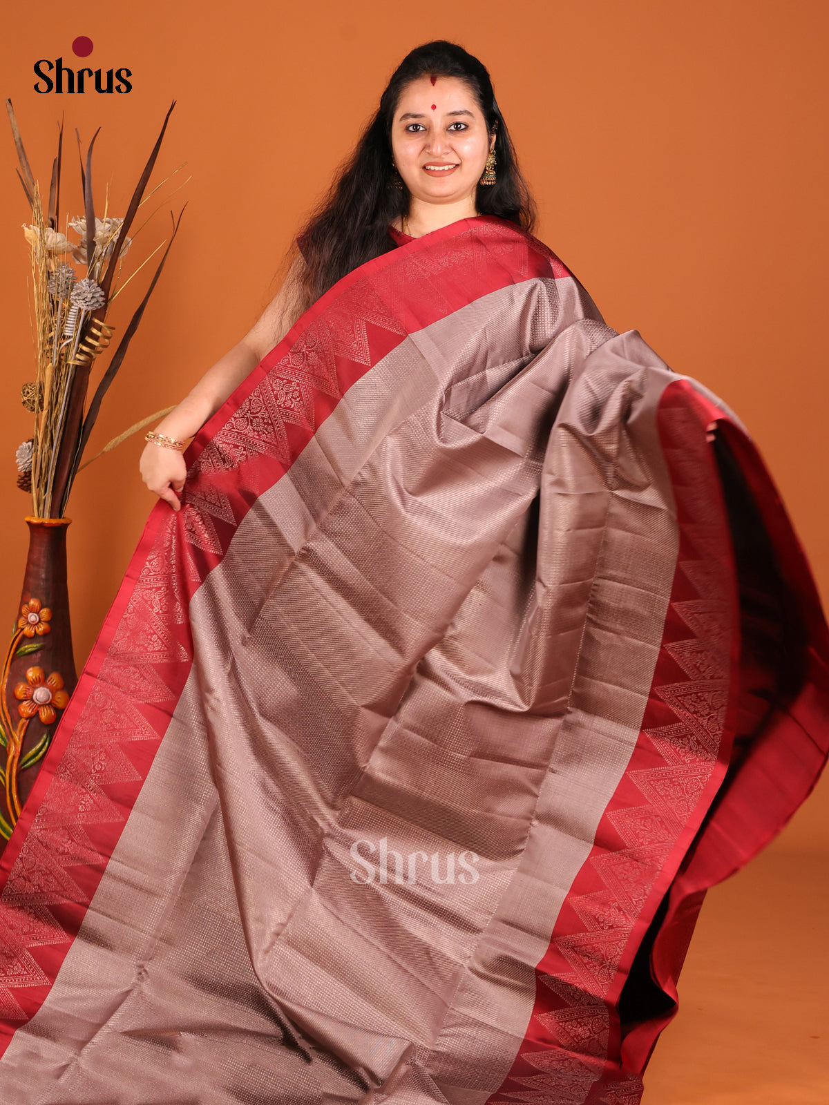Ethreal Grey Soft Silk Saree With zari brocade Body & Maroon Border -1