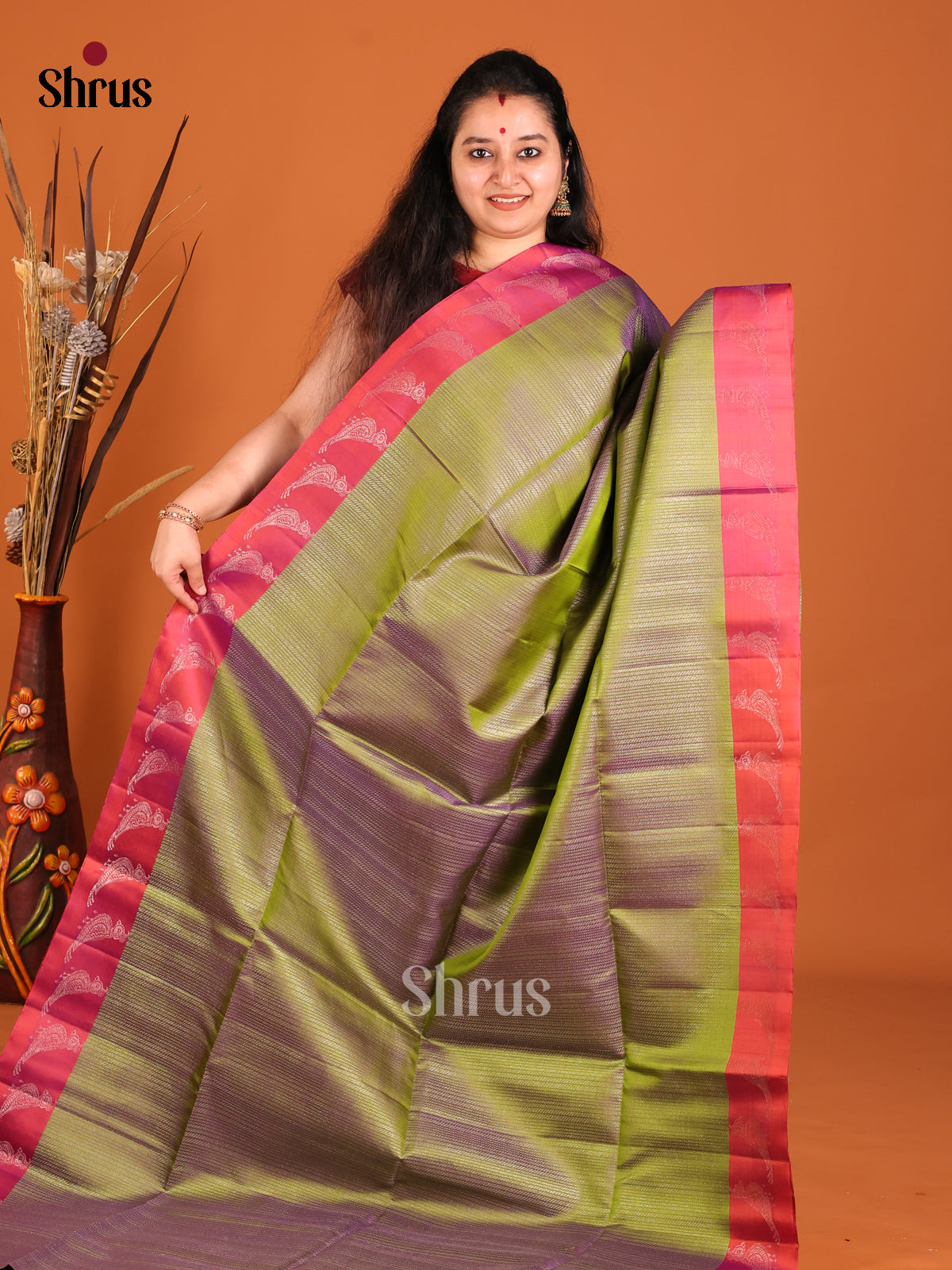 Majestic Green Soft Silk with Zari Stripes & Purple Border With parrot motifs -1