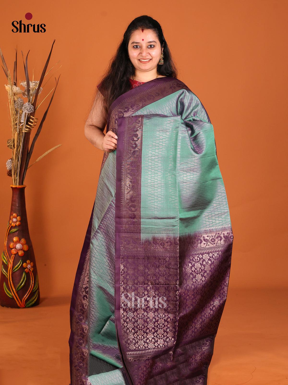 Green & Violet Soft Silk Saree with zari wavy brocade & Paithani inspired border - Shop on Shrus.com
