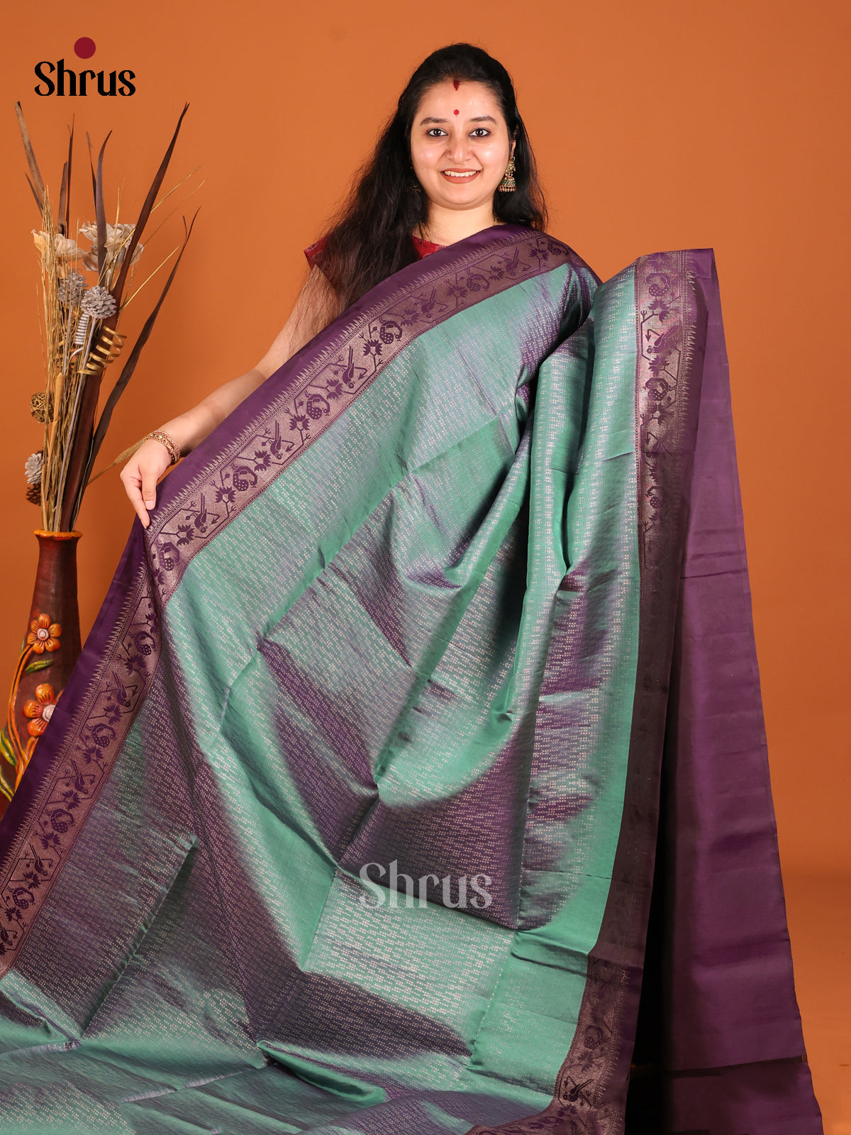 Green & Violet Soft Silk Saree with zari wavy brocade & Paithani inspired border - Shop on Shrus.com