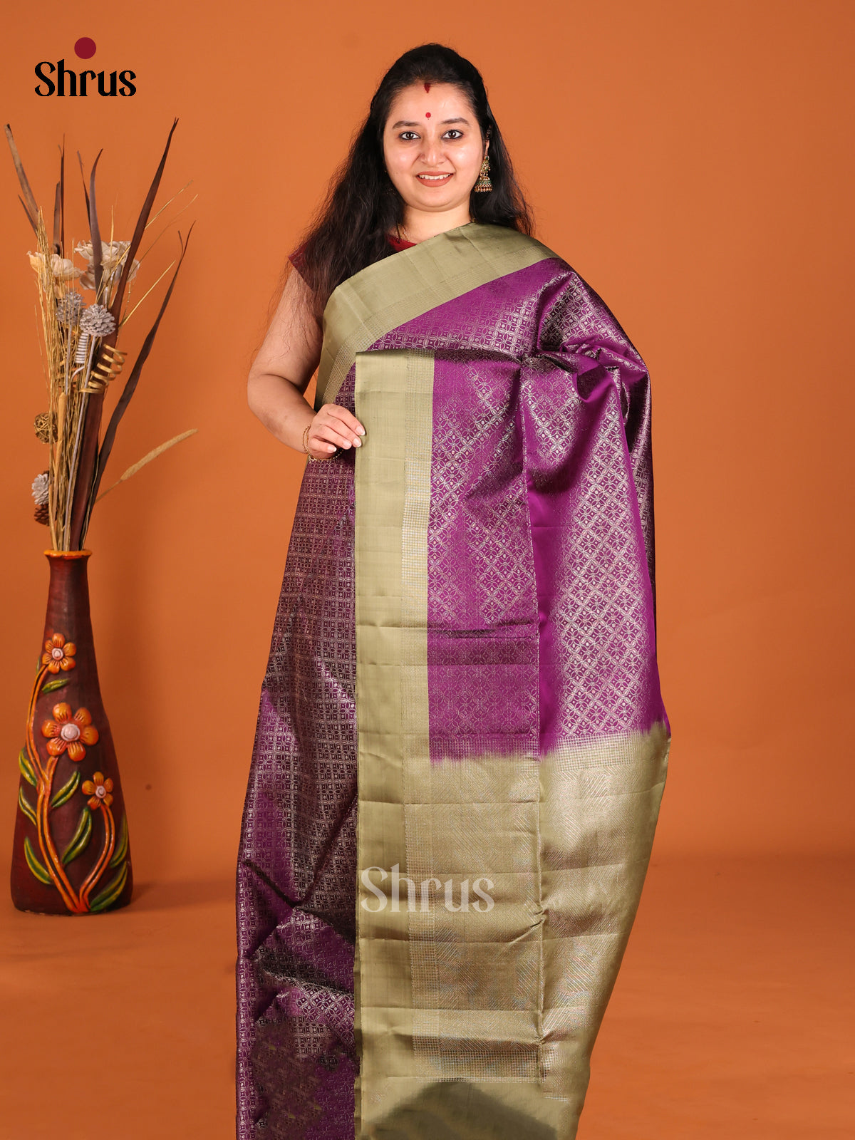 Chic Purple Soft Silk Saree with Zari brocade Body & Chutney Green Border