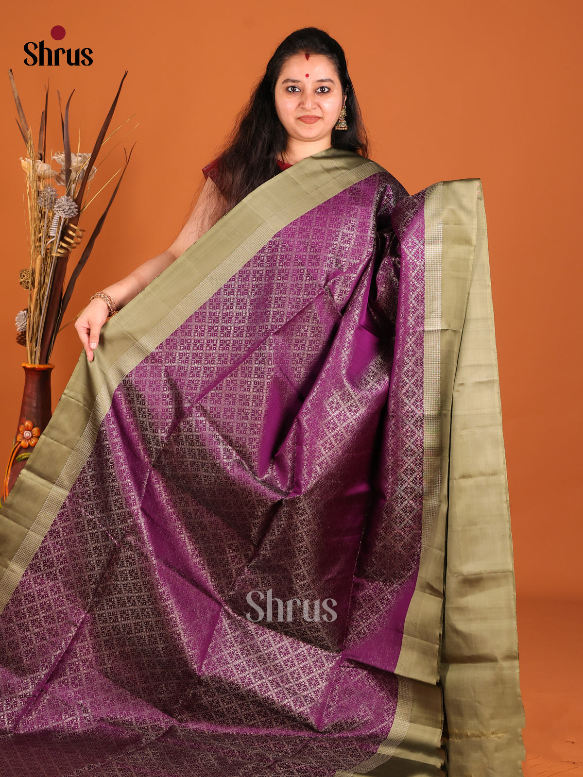 Chic Purple Soft Silk Saree with Zari brocade Body & Chutney Green Border -1