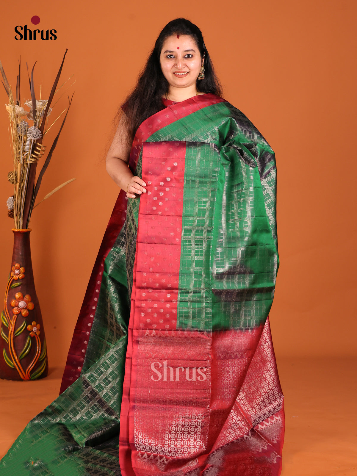 Serene Green Soft Silk saree with zari checks & Maroon Border With Zari Buttas