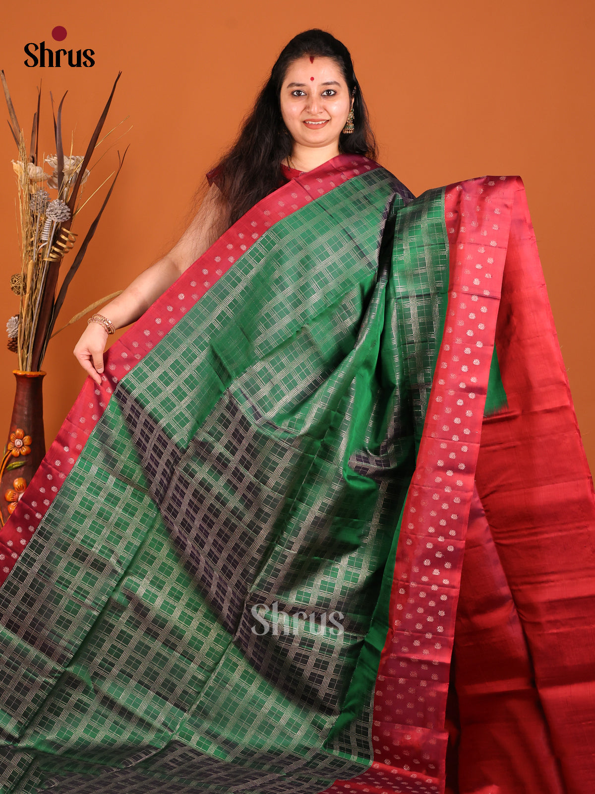 Serene Green Soft Silk saree with zari checks & Maroon Border With Zari Buttas -1