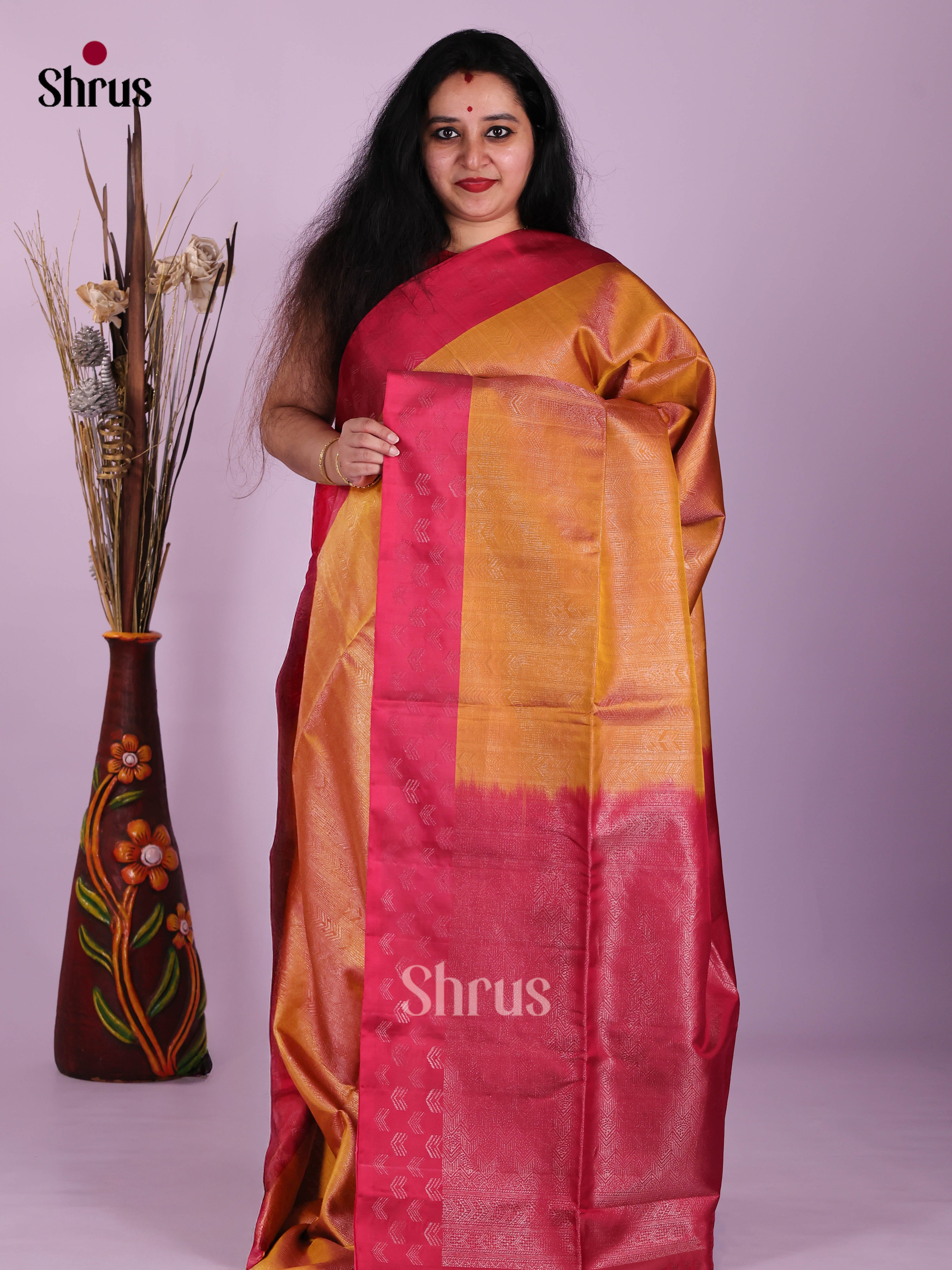 Luminous Mustard Soft Silk Saree with zari brocade & Traditional Maroon pallu