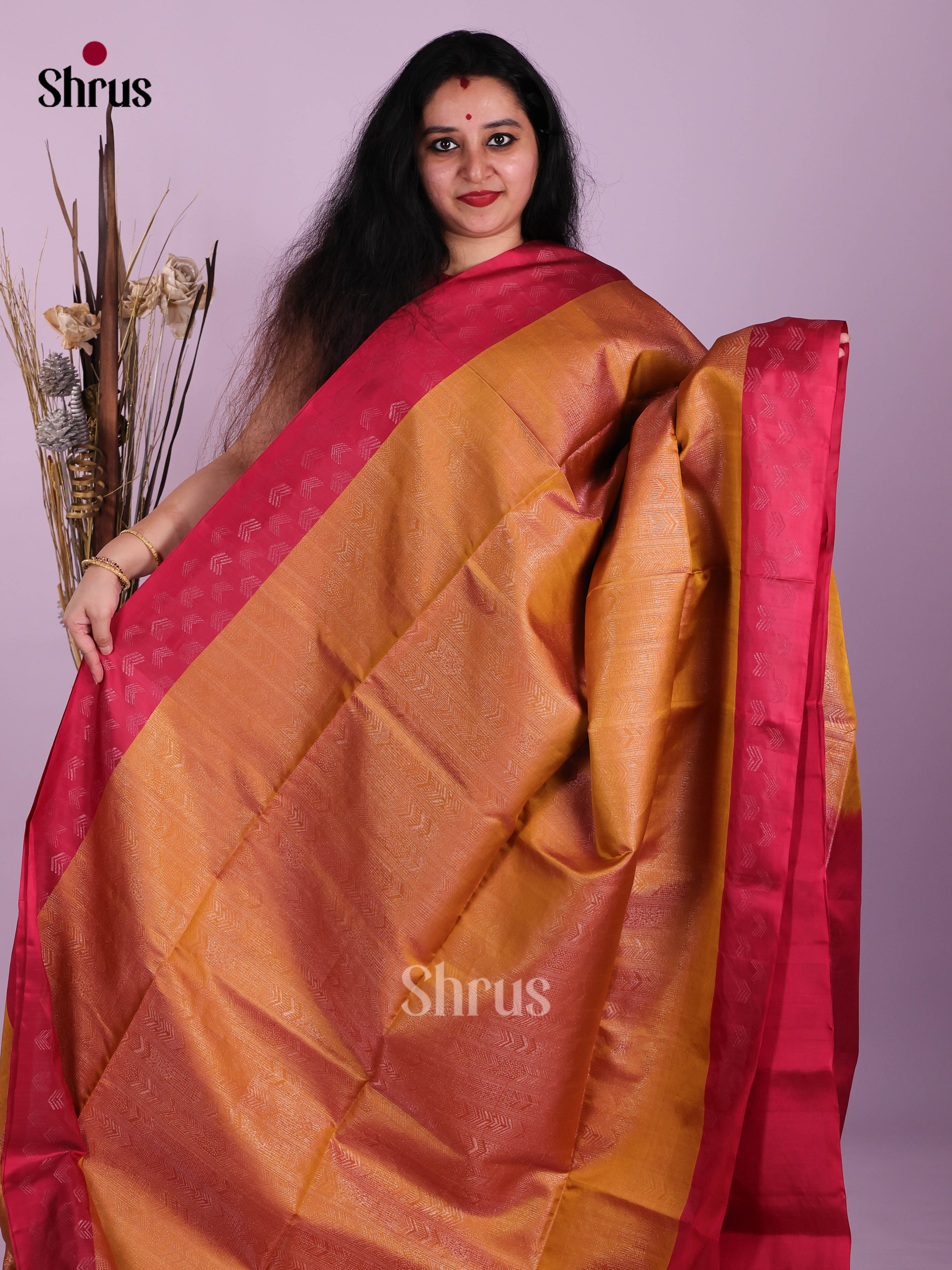 Luminous Mustard Soft Silk Saree with zari brocade & Traditional Maroon pallu