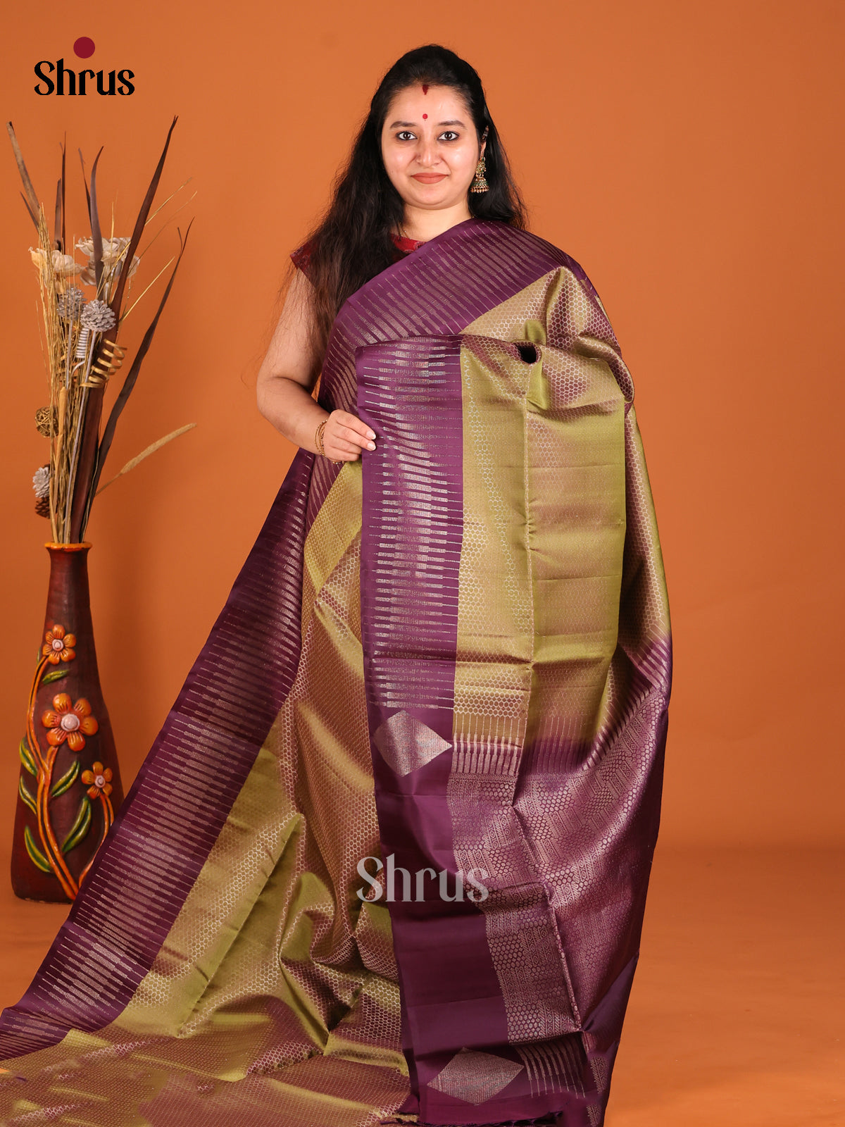 Mehandi Green & Violet Soft Silk Saree with Zari brocade - Shop on Shrus.com