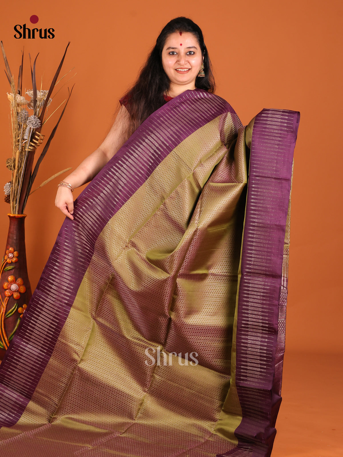 Mehandi Green & Violet Soft Silk Saree with Zari brocade - Shop on Shrus.com