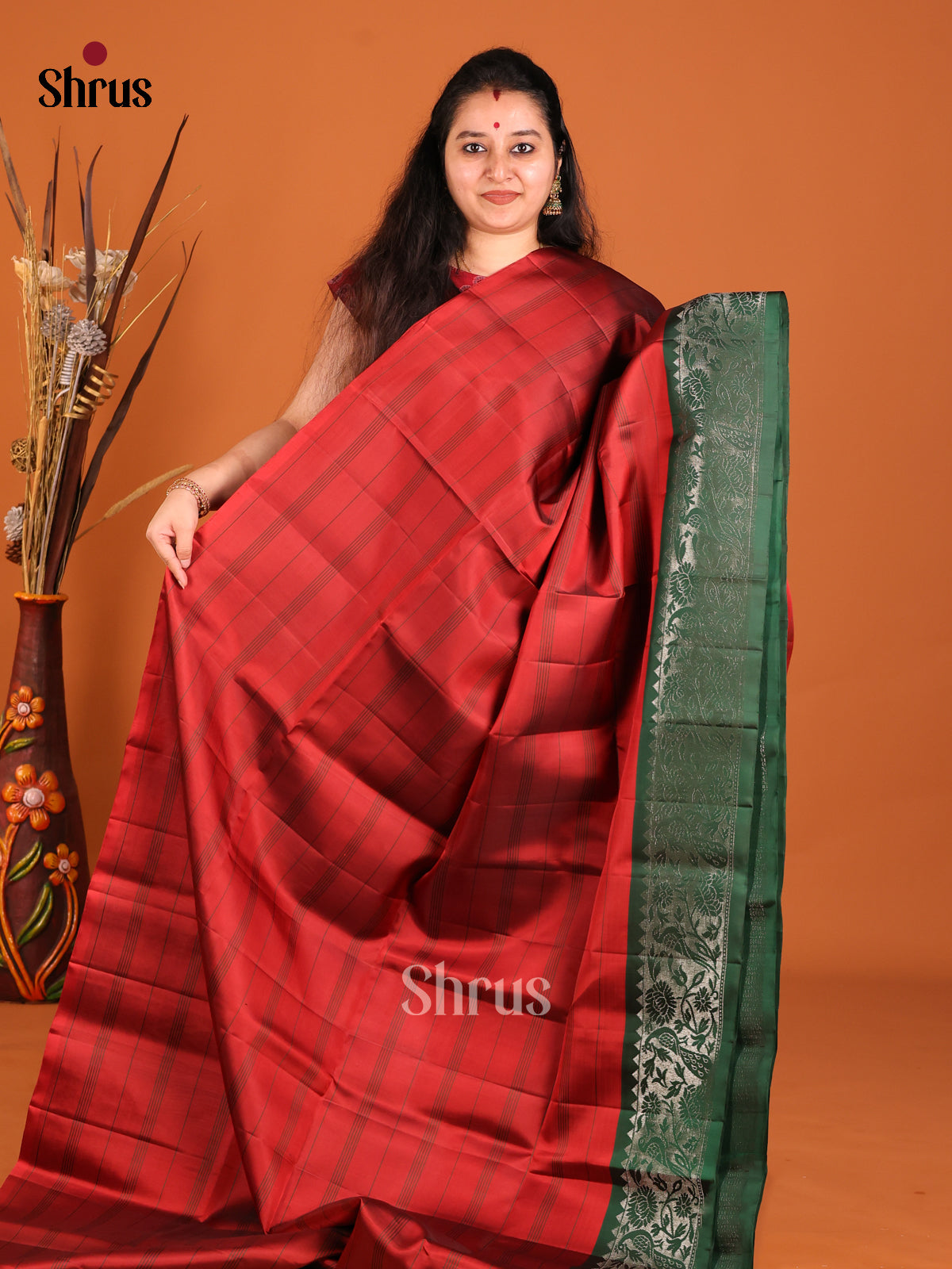 Versatile Red Soft Silk Saree with Striped Body & paithani inspired Green zari border -1