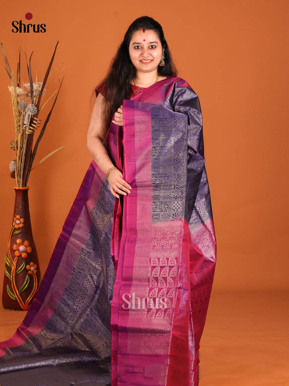 Artisanal Navy Blue Soft Silk Saree with zari brocade body & Purple Pallu